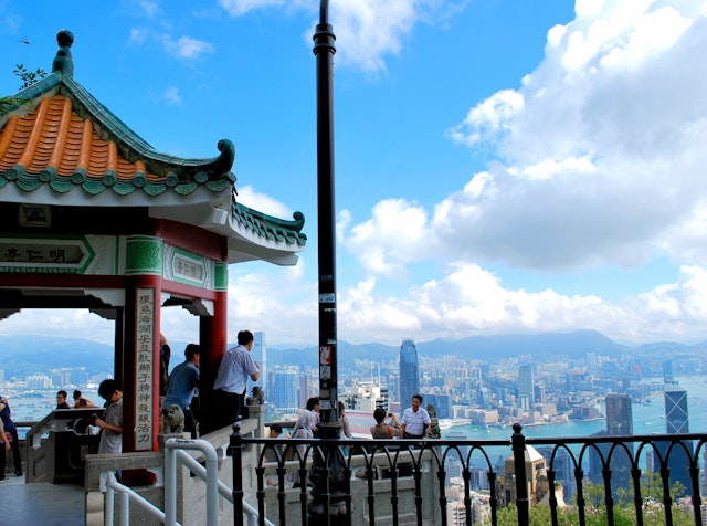 The view from Victoria Peak looking out across the skyscrapers of Hong Kong Island and Victoria Harbour
