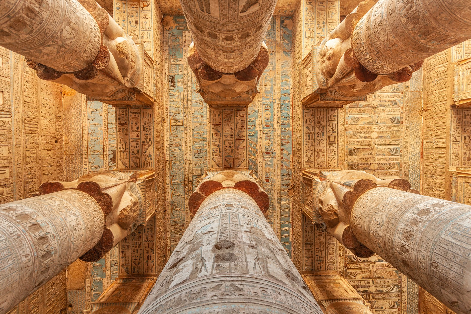 Painted and carved columns at Dendera Temple