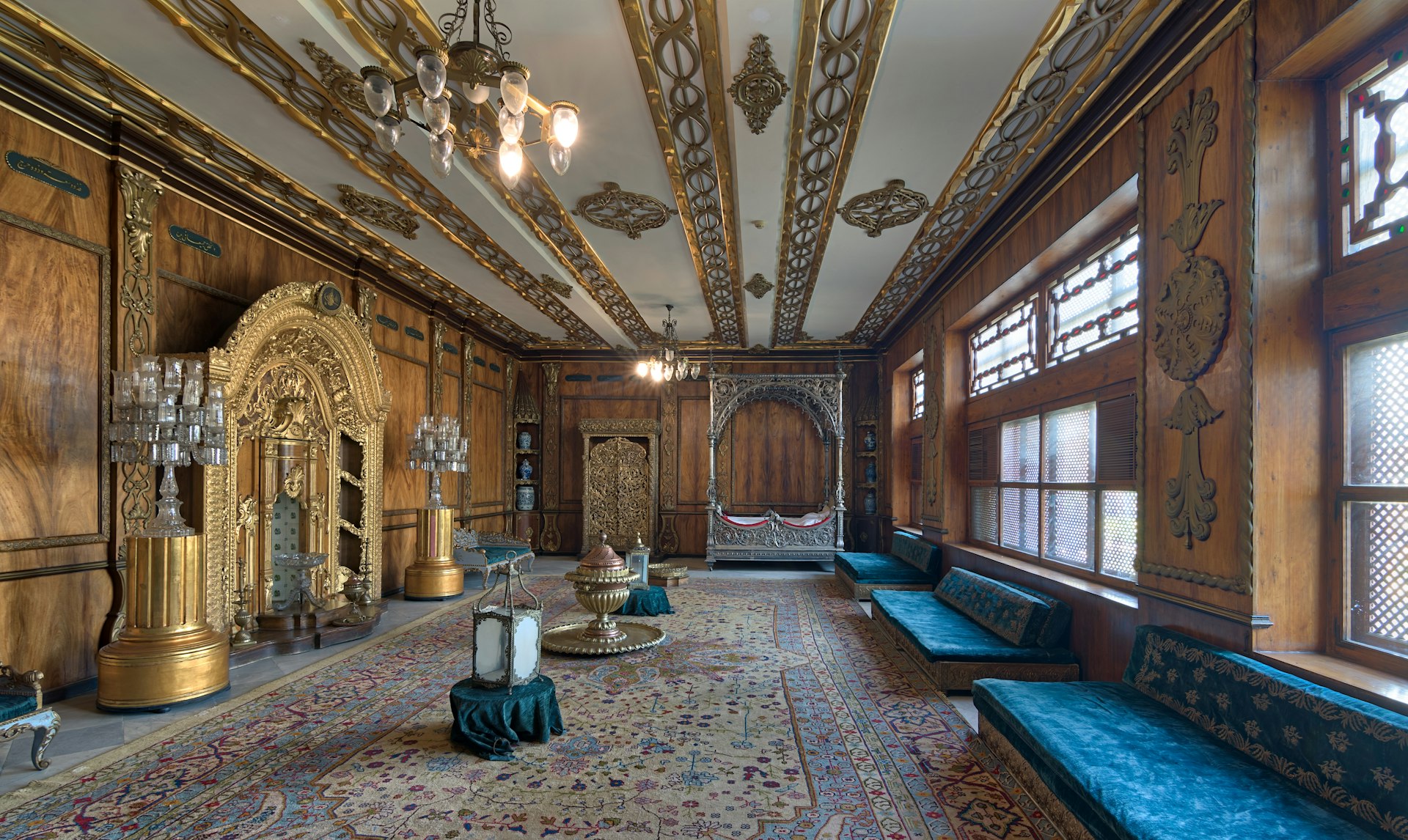 Lavish wood-panelled interior of an ornate room at Manial Palace