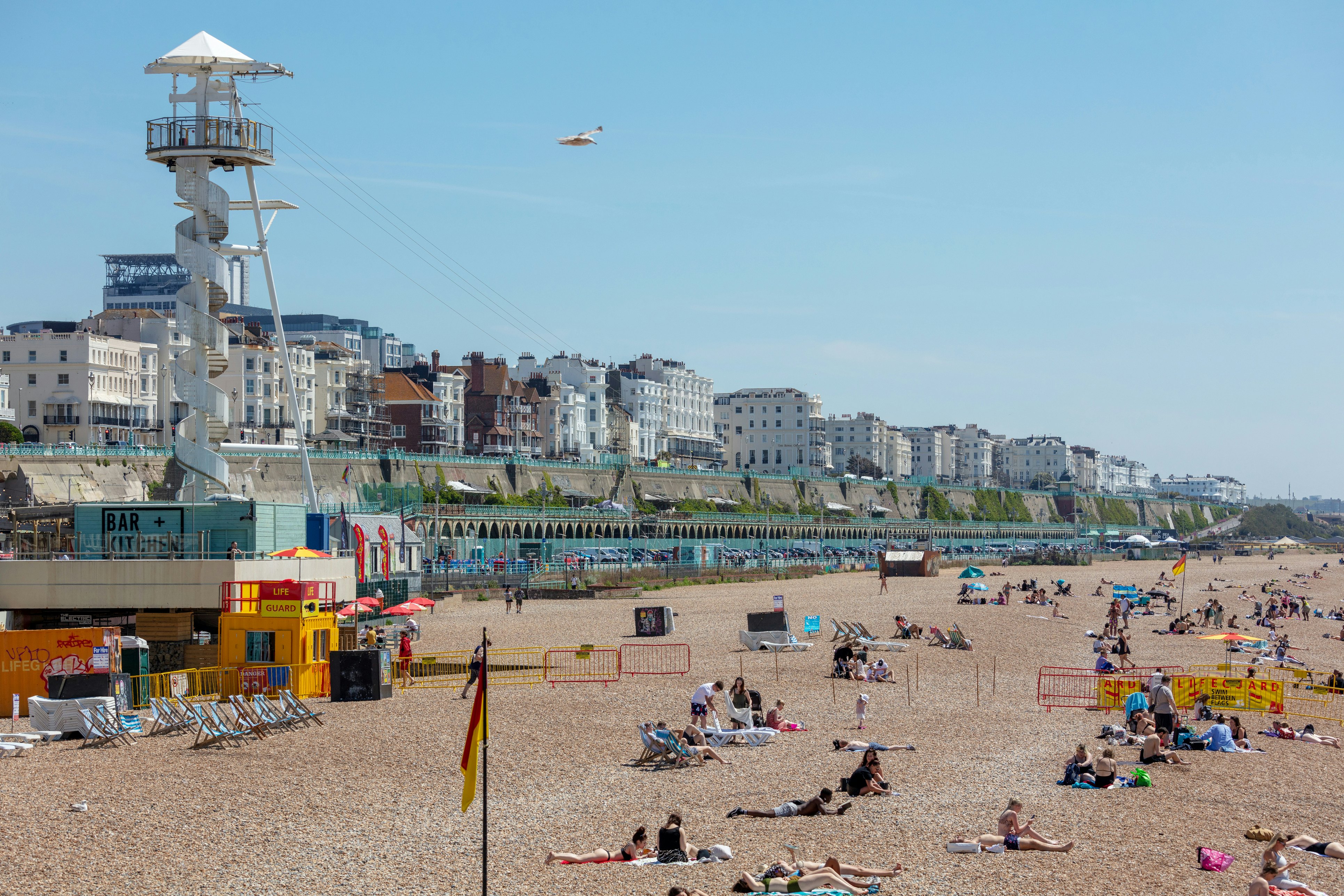 Crowds playing, sunbathing, and swimming at Brighton Beach in the summertime