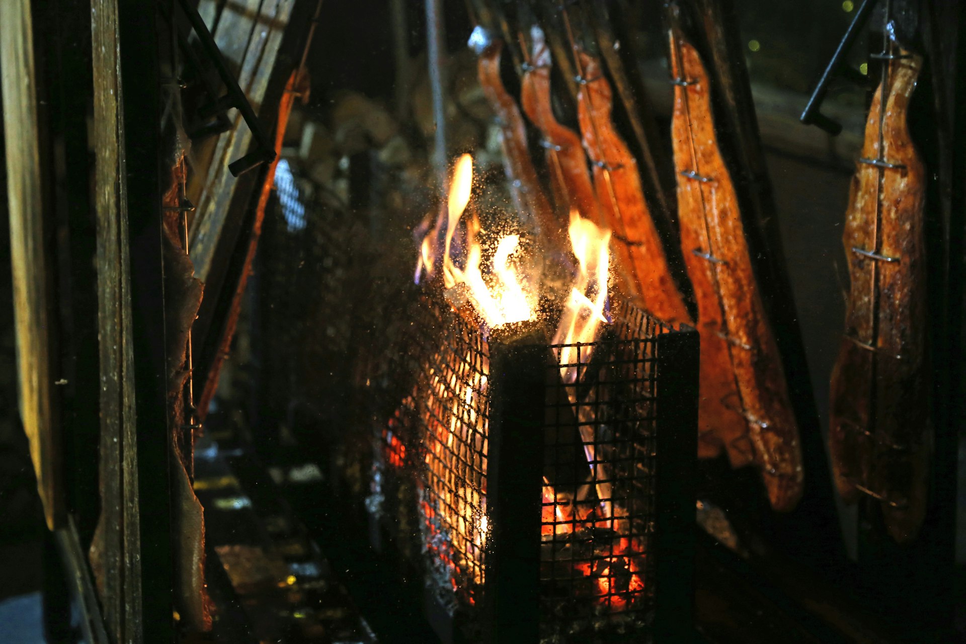 Flammlachs fire-roasted salmon at a Christmas market