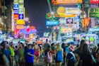 Bangkok, Thailand - March 2, 2017: Tourists and backpackers visited at Khao San Road night market. Khao San Road is a famous low budget hotels and guesthouses area in Bangkok.
