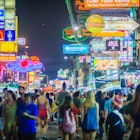Bangkok, Thailand - March 2, 2017: Tourists and backpackers visited at Khao San Road night market. Khao San Road is a famous low budget hotels and guesthouses area in Bangkok.