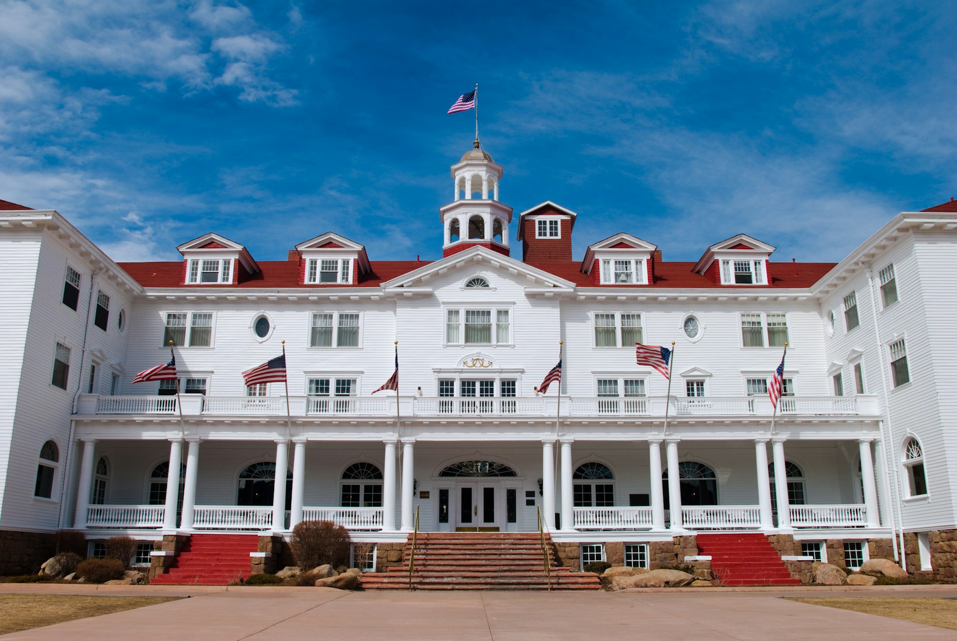 Stanley Hotel with blue sky in Estes Park, Colorado