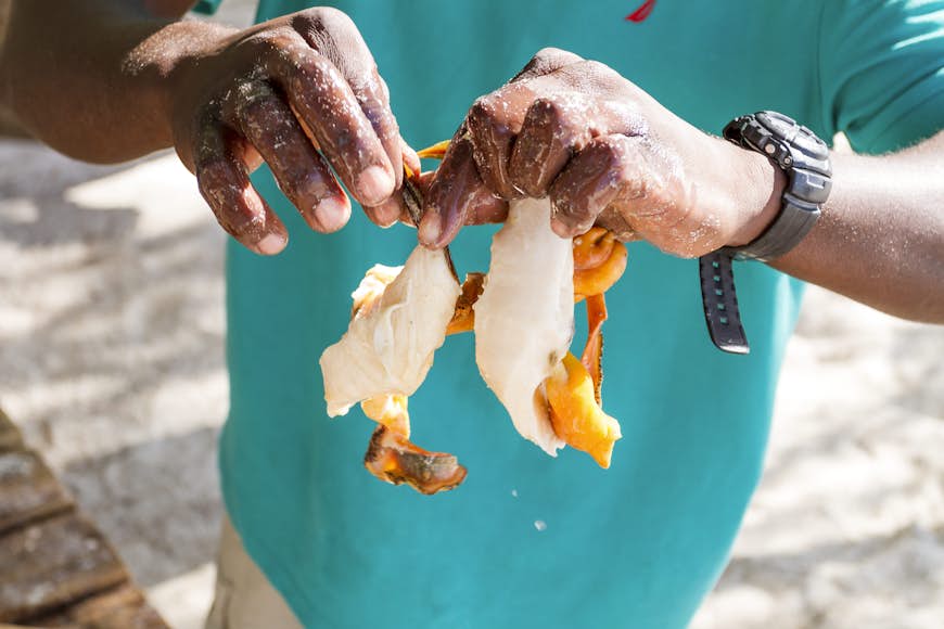 Close-up on the hands of a Black man wearing a green shirt and preparing conch in Exuma, Bahamas