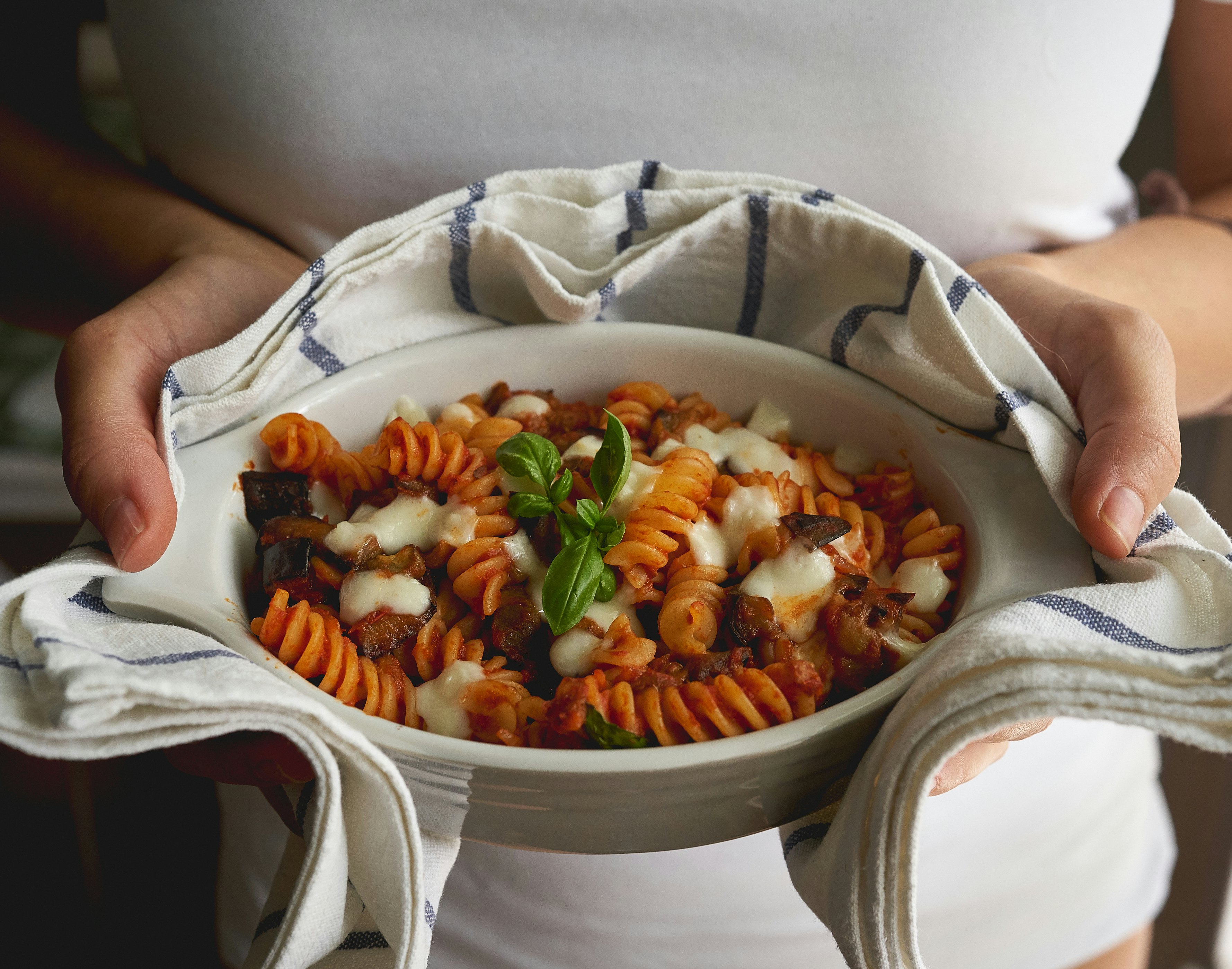 A homemade dish of fusilli pasta