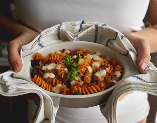 A homemade dish of fusilli pasta