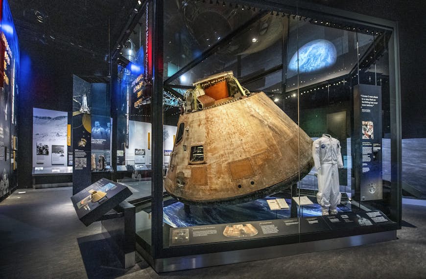The Apollo 11 Command Module in the “Destination Moon” gallery at the Smithsonian Air and Space Museum in Washington, DC. 
