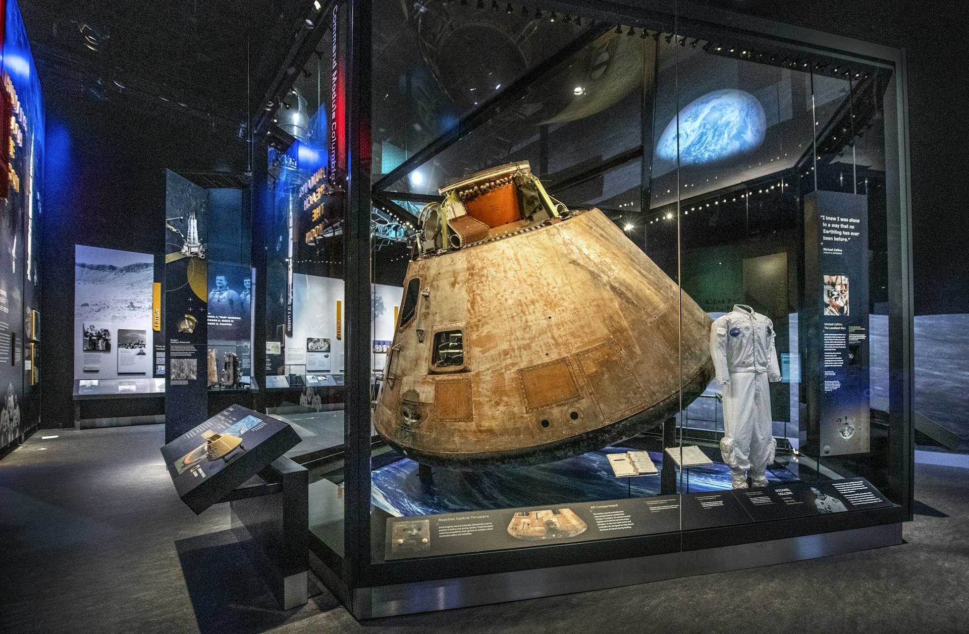 The Apollo 11 Command Module in the “Destination Moon” gallery at the Smithsonian Air and Space Museum in Washington, DC. 