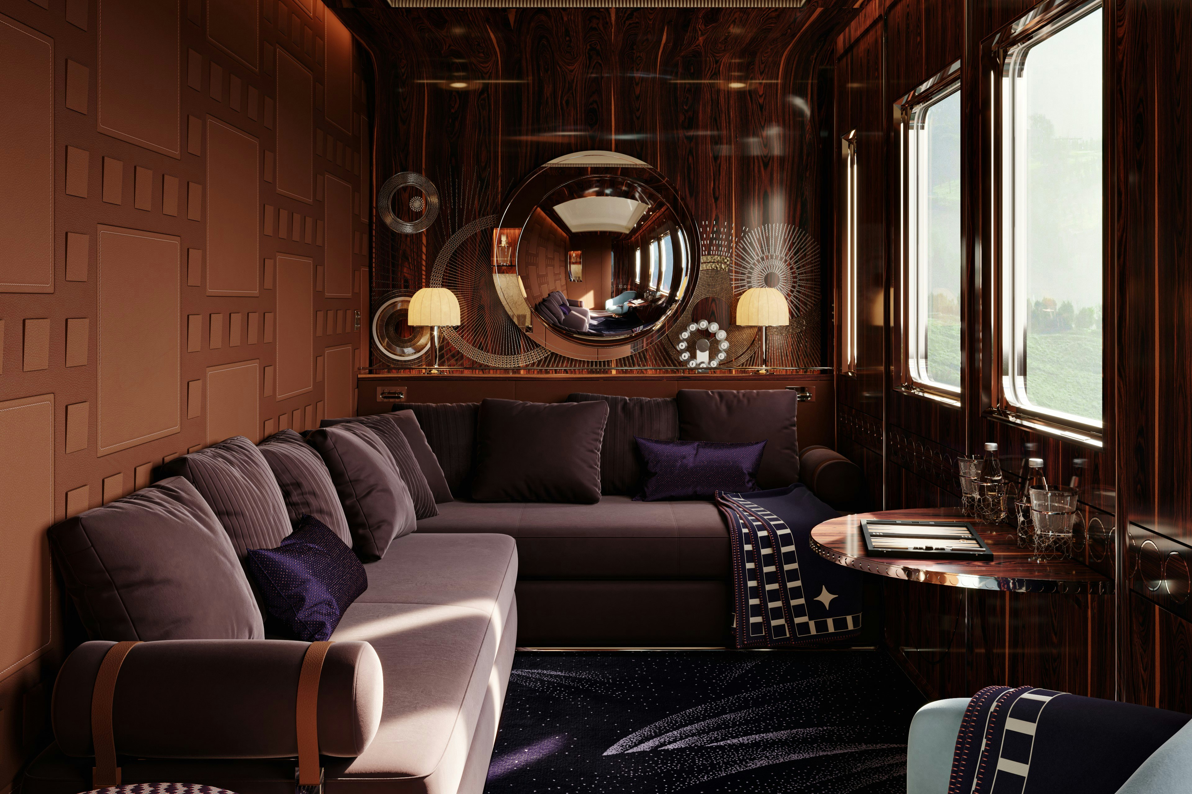 Orient Express cabin with purple interiors