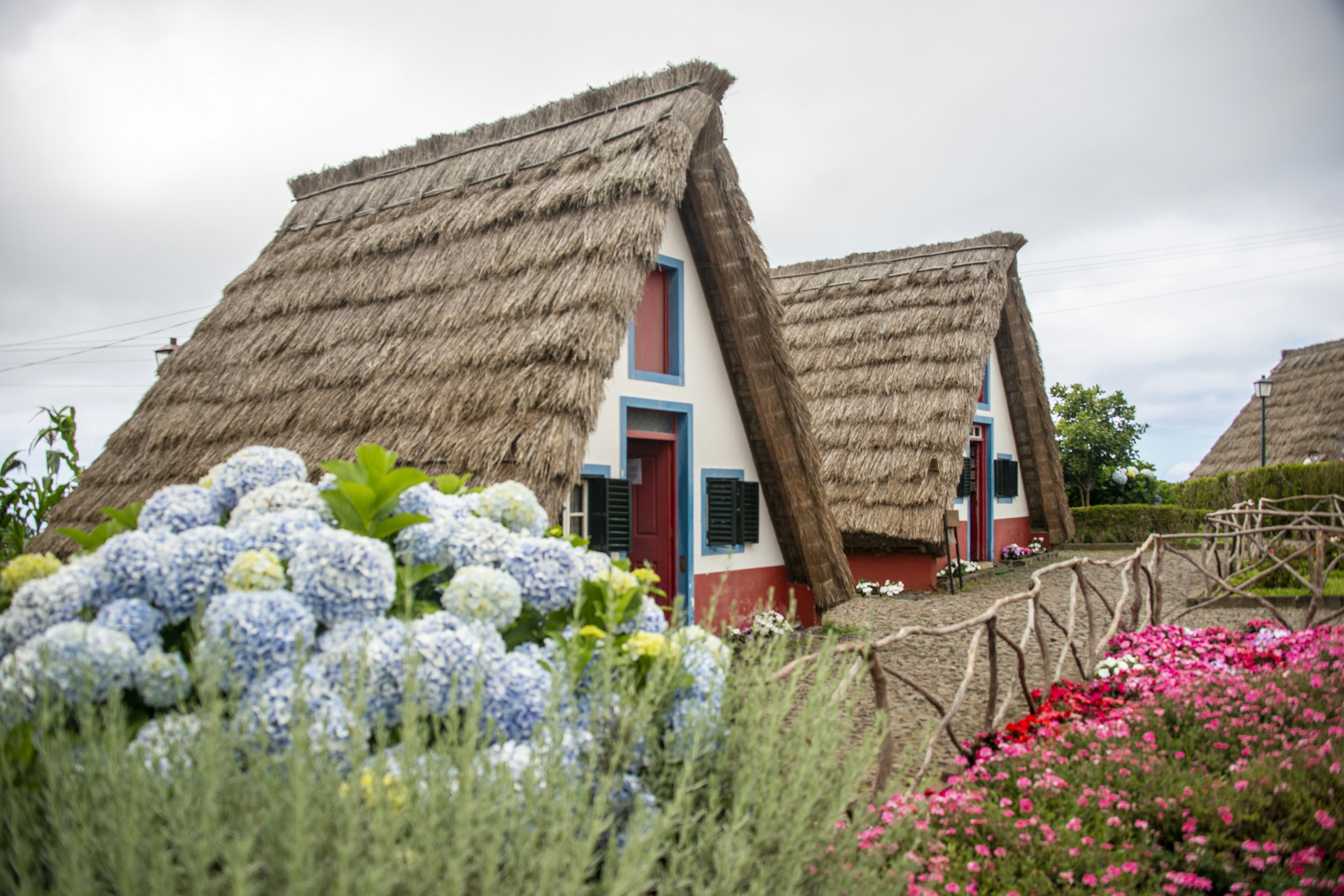 Grass-roofed A-frame homes with blue and red trim in Madeira.