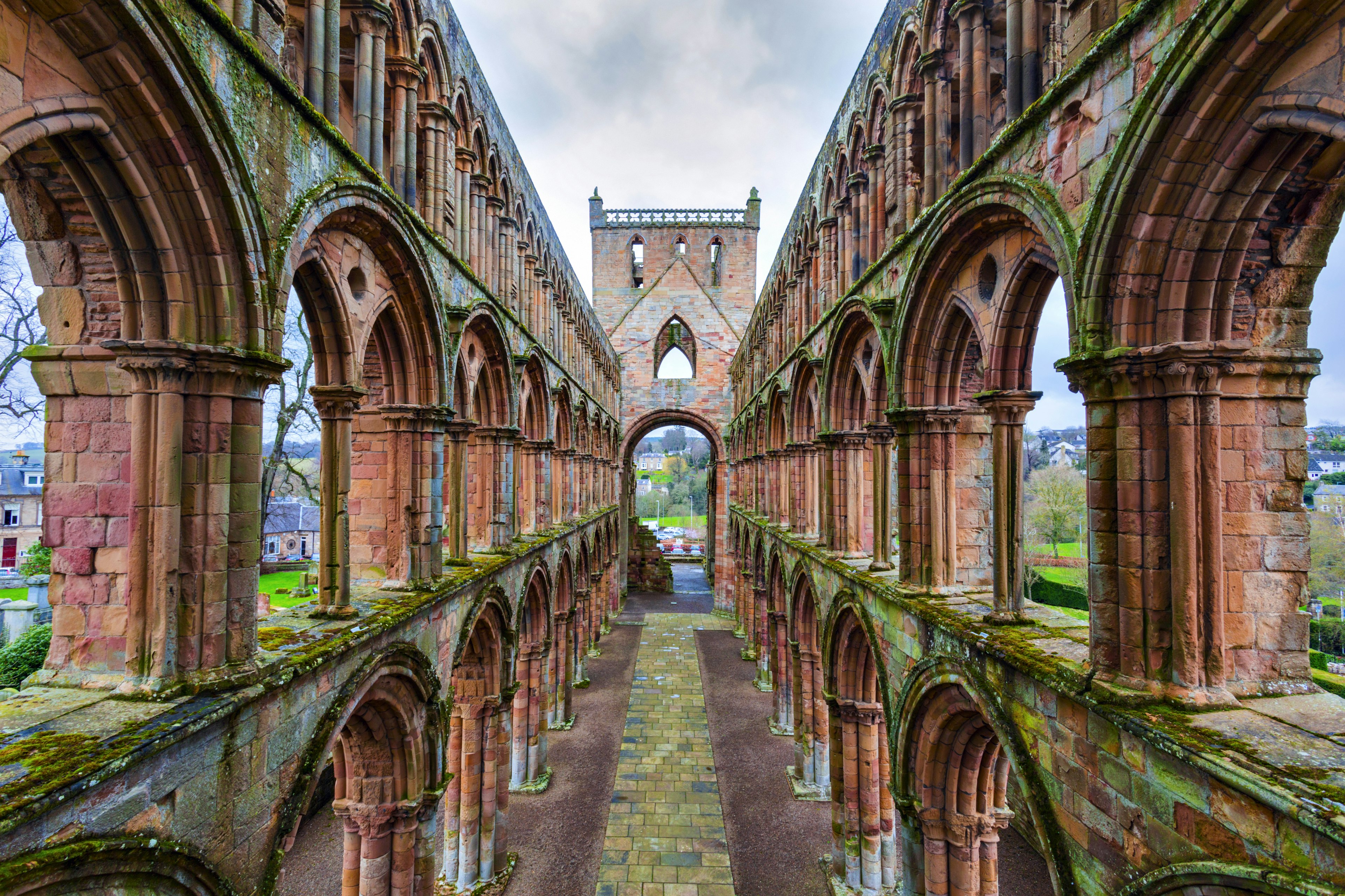 Ruins of Jedburgh Abbey in the Scottish Borders region in Scotland