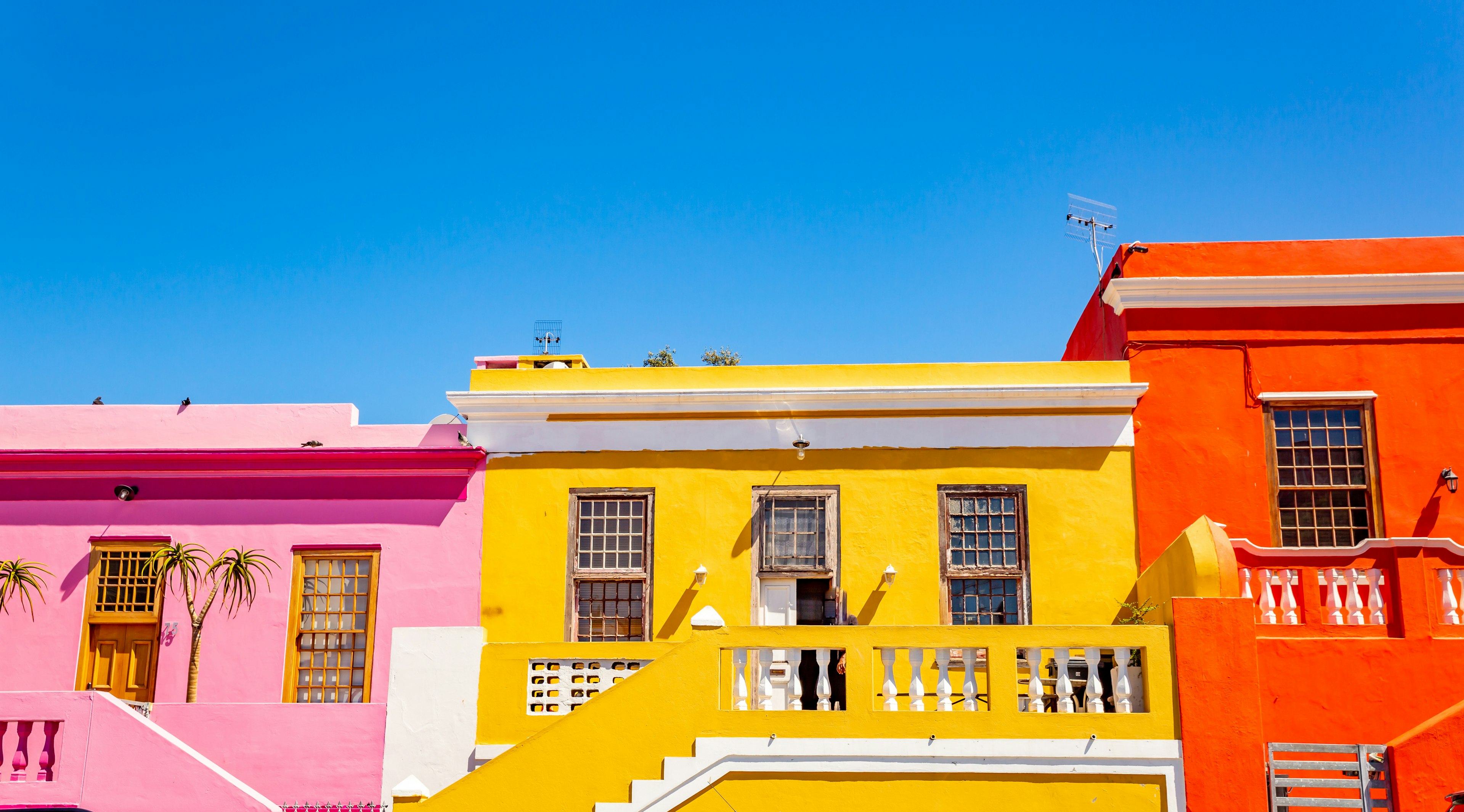 A row of brightly colored houses painted pink, yellow and orange in Bo-Kaap neighborhood, Cape Town.