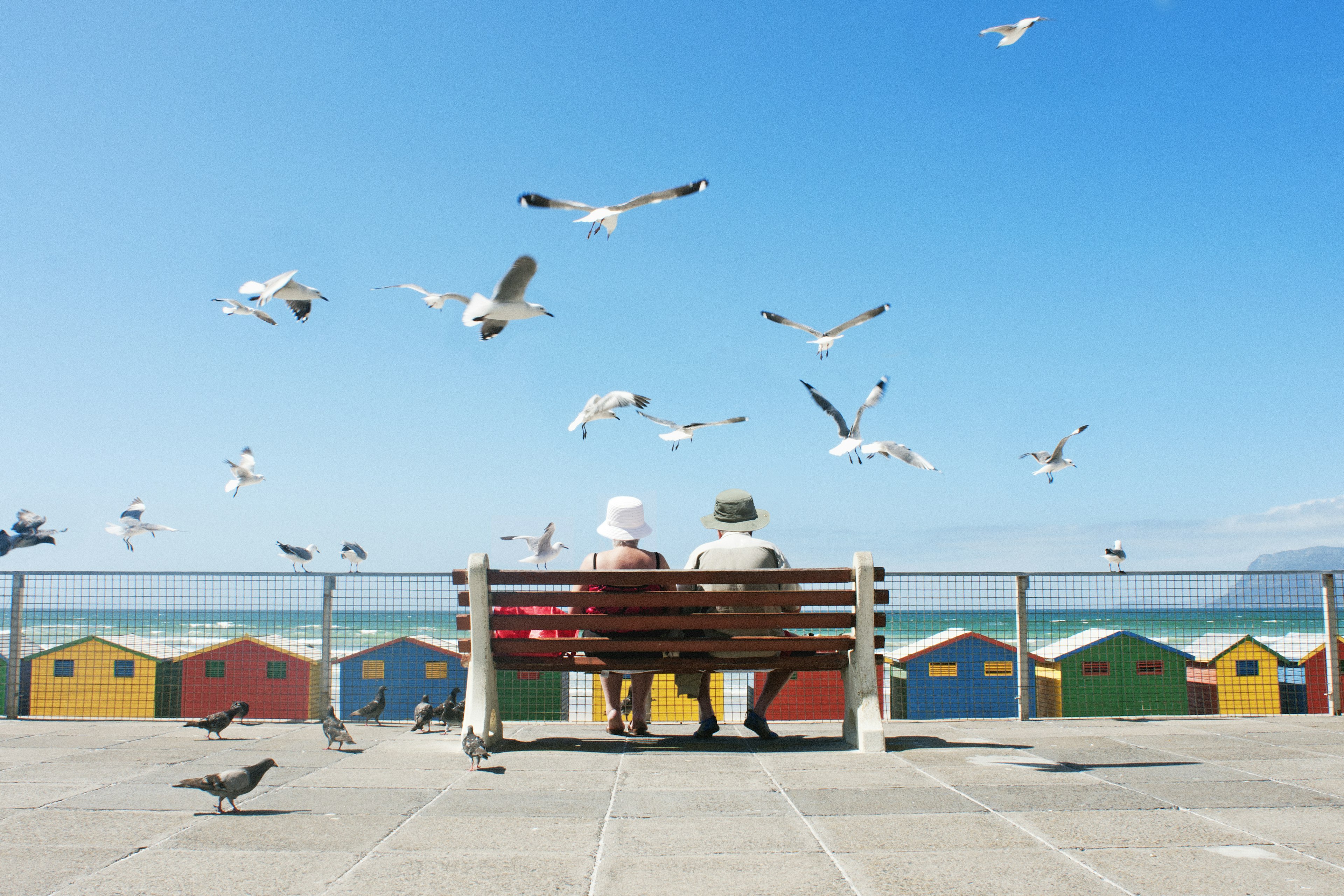 A senior couple enjoy lunch at Muizenberg Beach in Cape Town