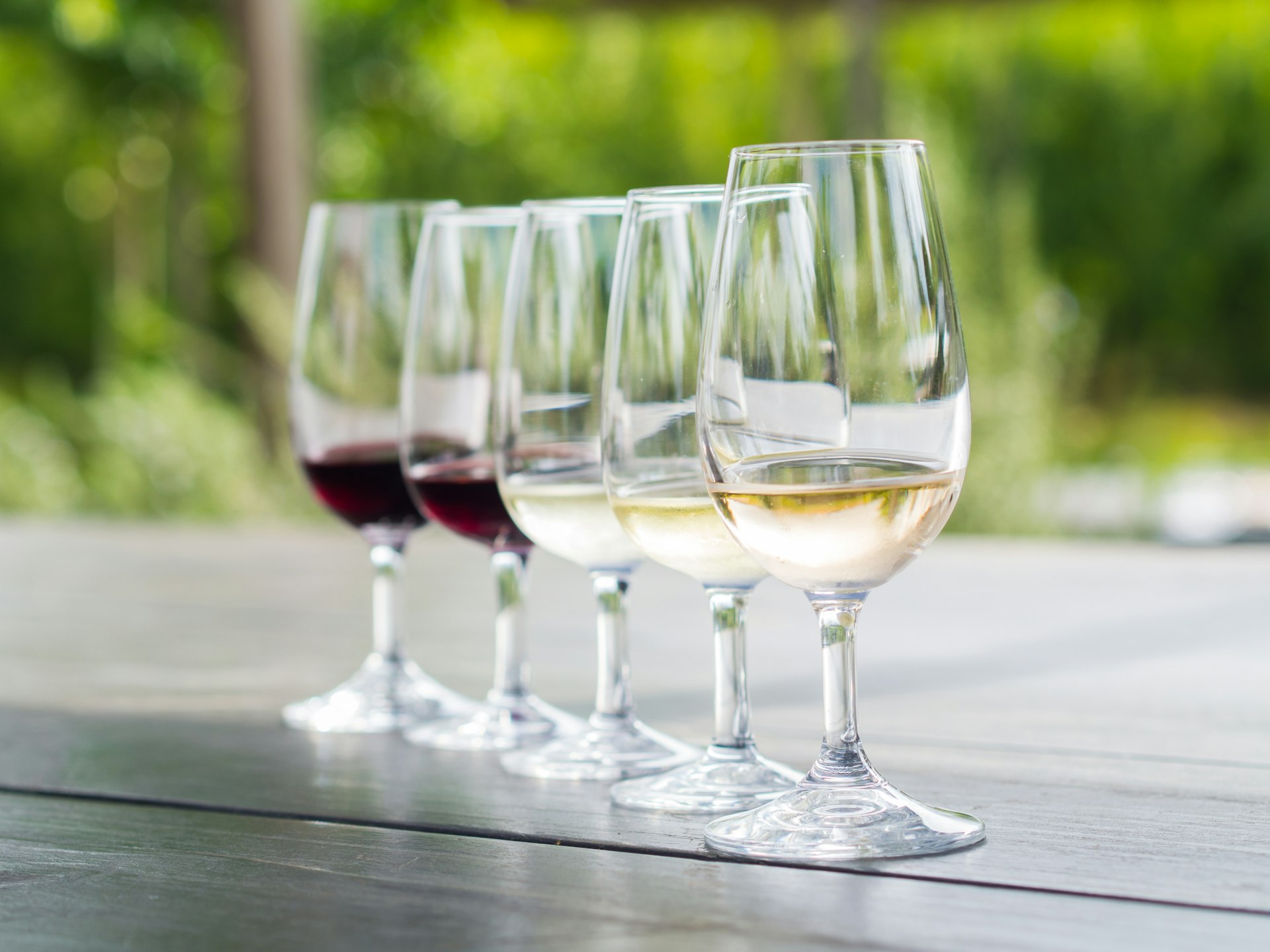 Glasses of blanc de noir, chardonnay, sauvignon blanc, merlot, and cabernet sauvignon set up for a wine tasting in Stellenbosch, South Africa