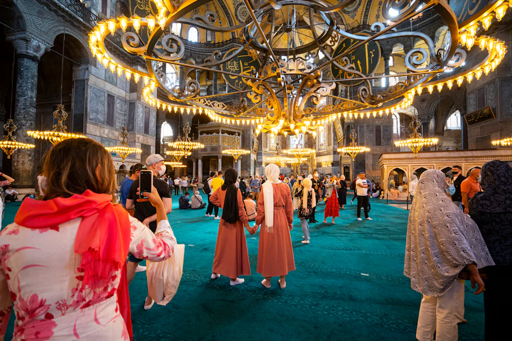 Large group of people and tourists visit Holy Hagia Sophia Grand Mosque (Ayasofya-i Kebir Cami-i Åžerifi), Istanbul Turkey