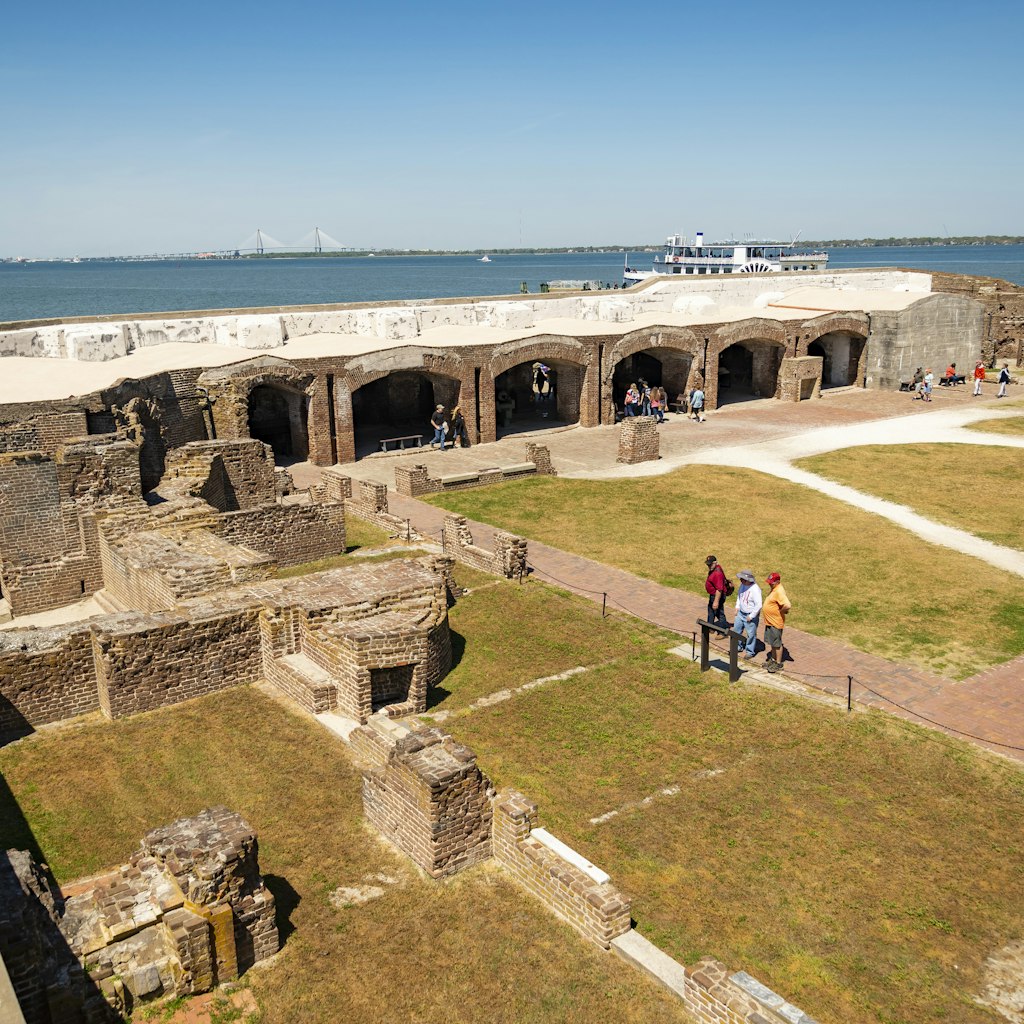 Charleston SC - March 29, 2019: View of Fort Sumter full of tourist, National Monument in Charleston SC. USA