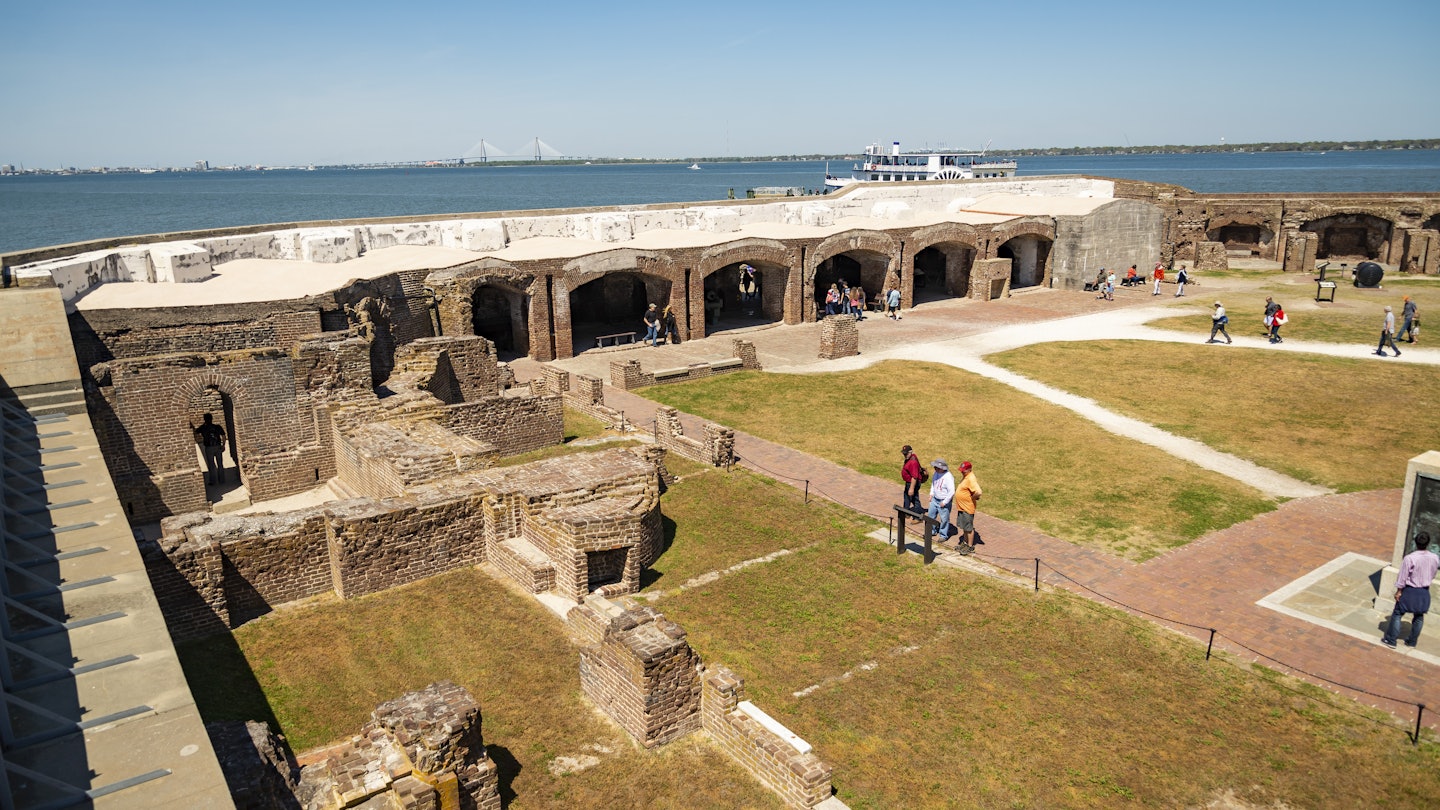 Charleston SC - March 29, 2019: View of Fort Sumter full of tourist, National Monument in Charleston SC. USA