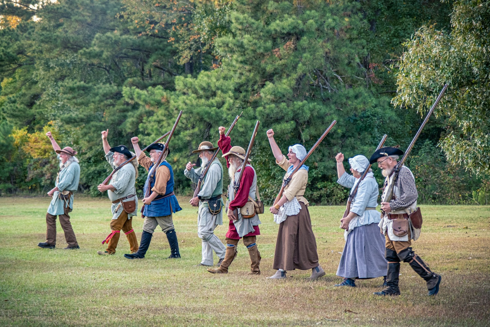 Historic re-enactors in 18th-century costumes at Cowpens National Battlefield, South Carolina USA