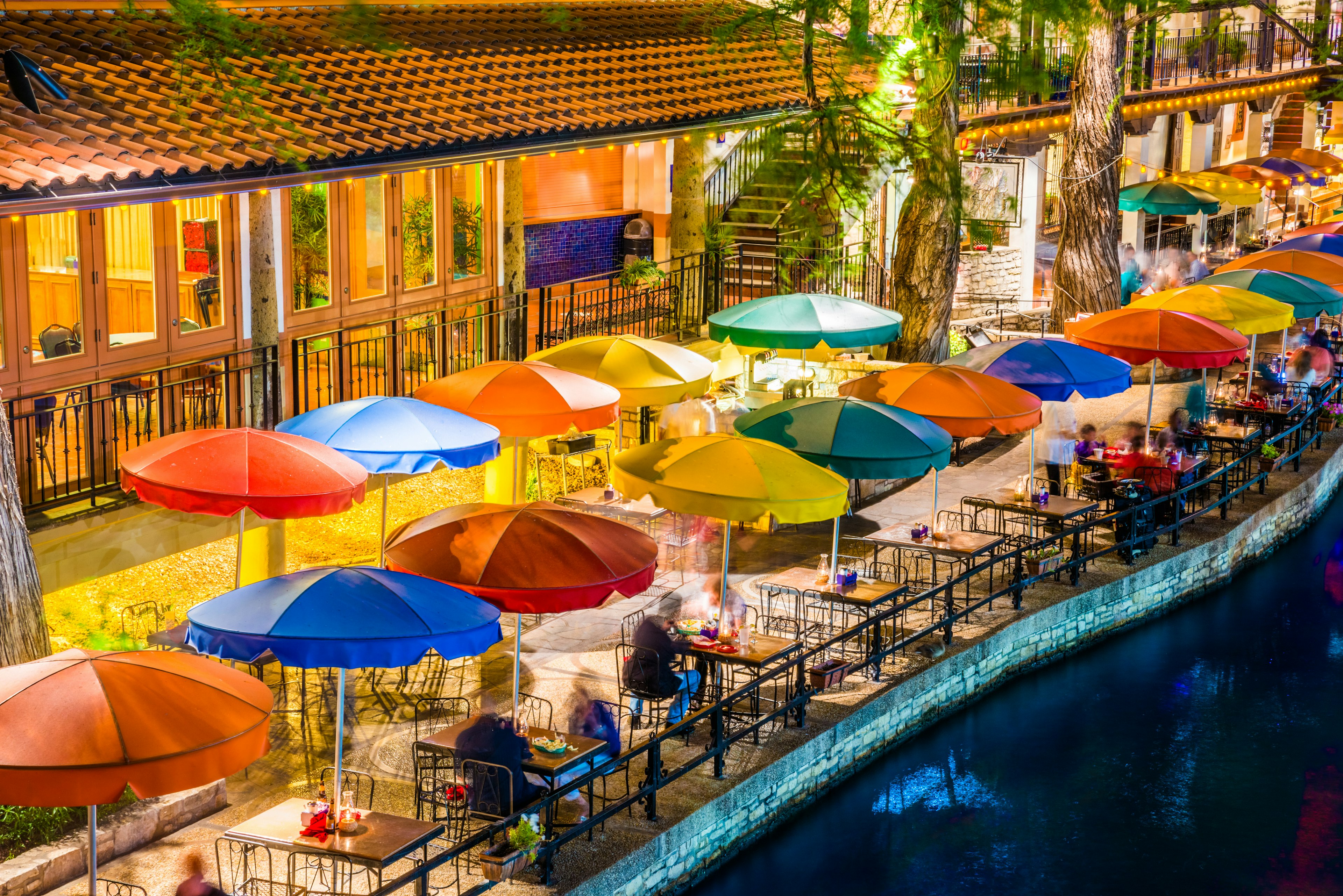 San Antonio Riverwalk, Texas, scenic river canal tourism restaurant umbrellas