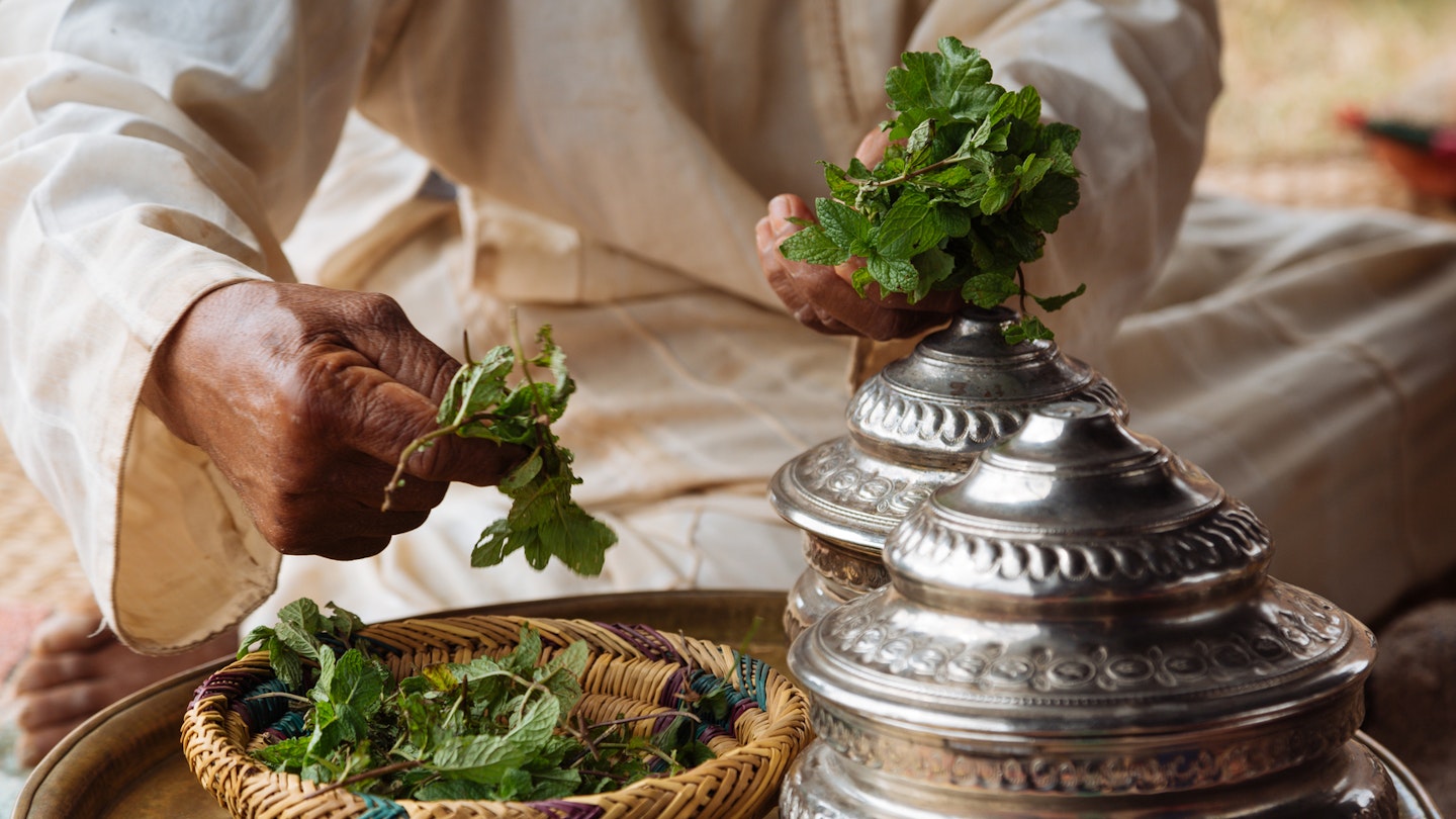 Preparing fresh Moroccan tea

