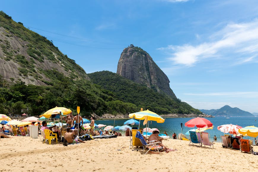 Red Beach (Praia Vermelha) with view of Sugarloaf Mountain in Rio de Janeiro, Brazil