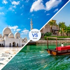 Sheikh Zayed Mosque in Abu Dhabi versus Abra boat ride in Souk Medinat Jumeirah with the Burj al Arab in Dubai