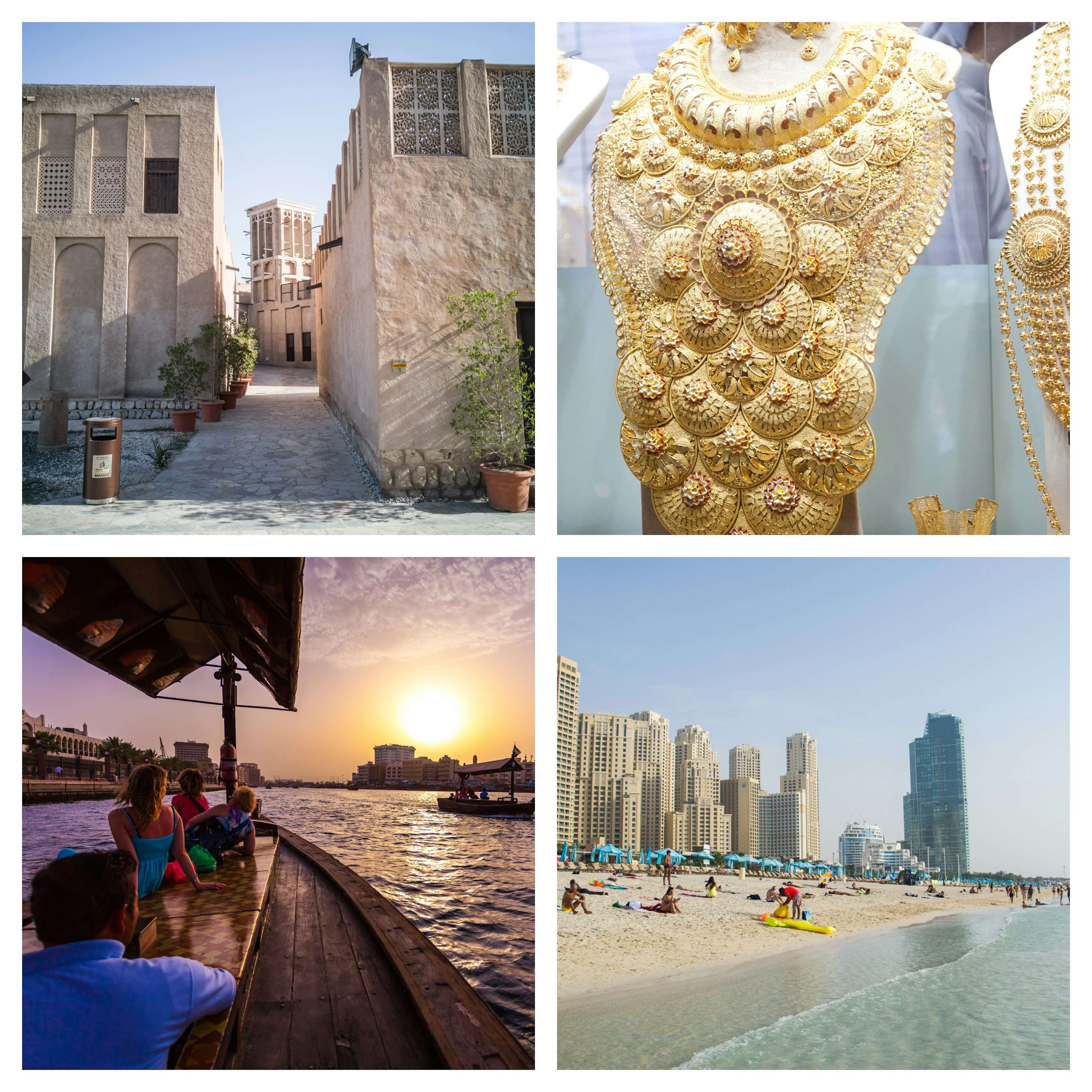 TOP LEFT: Buildings in Al Fahidi Historic District © Lara Brunt / ϰϲʿ¼; TOP RIGHT: Gold and jewels sold in a Dubai souk ©melis / Shutterstock; BOTTOM LEFT: Traditional Abra ferries along Dubai Creek © Clari Massimiliano / Shutterstock; BOTTOM RIGHT: Dubai beach © Shutterstock / Riccardo Nastasi