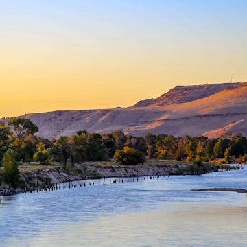 View of the Boise River and Table Rock Mountain in southeast Boise, Idaho