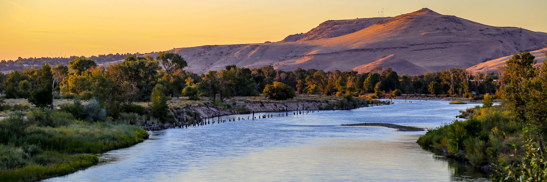 View of the Boise River and Table Rock Mountain in southeast Boise, Idaho