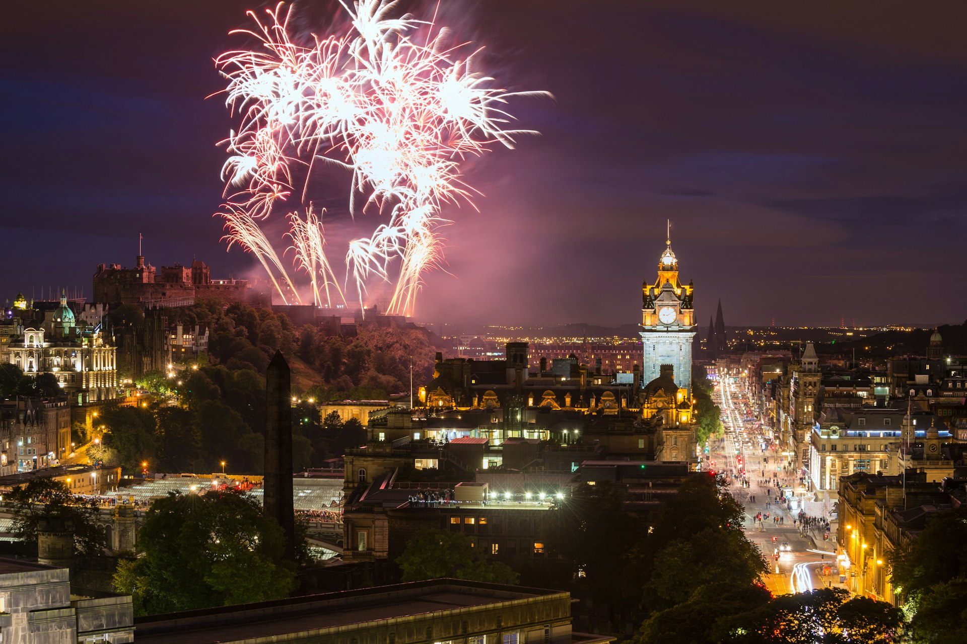 Fireworks over Edinburgh's Castle and Balmoral Clock Tower