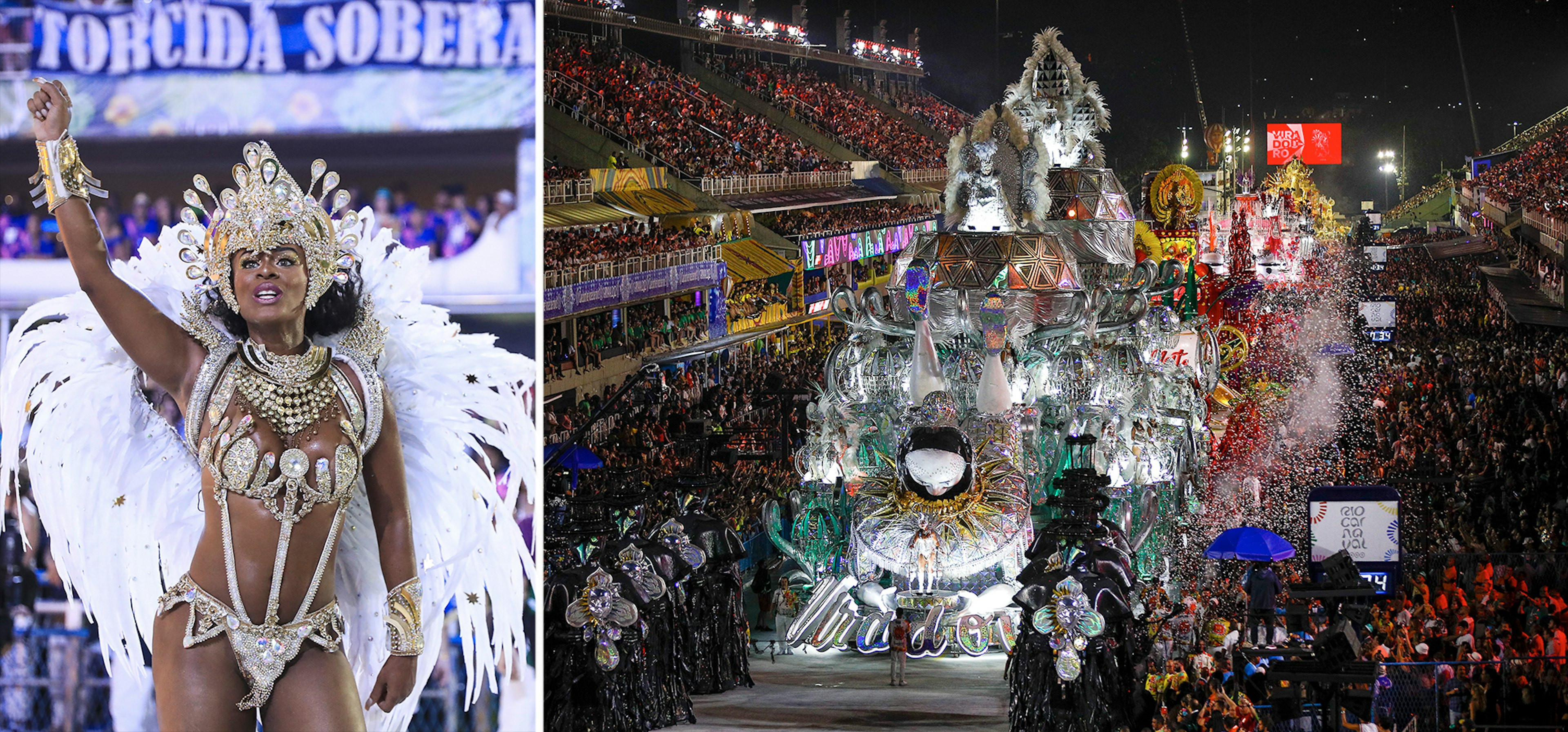 A member of Beija Flor samba school peforms during the Champions Parade on the last day of Rio de Janeiro 2022 Carnival at Marquês de Sapucaí Sambodrome on April 30, 2022 in Rio de Janeiro, Brazil