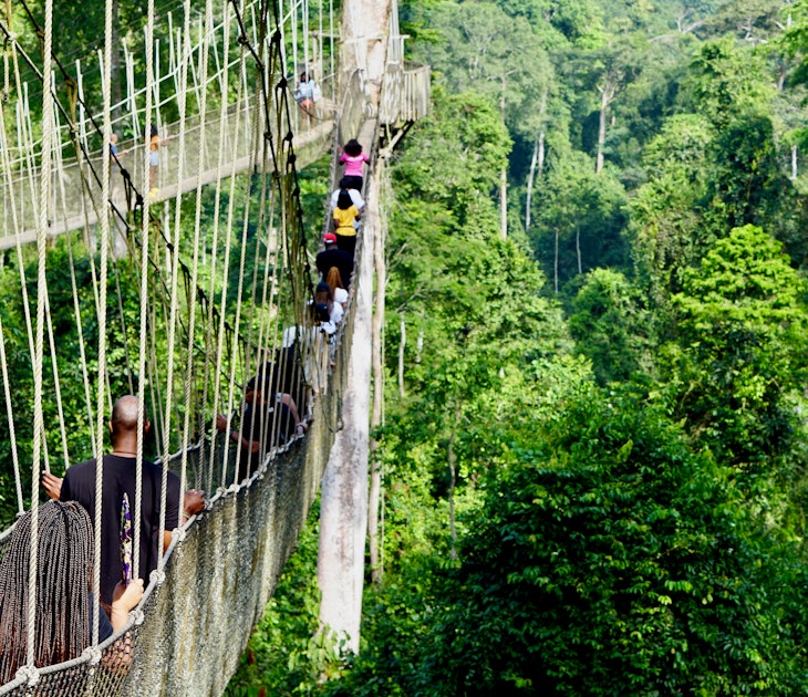 Guests enjoying the canopy walk above the rainforest in Kakum National Park, Ghana
