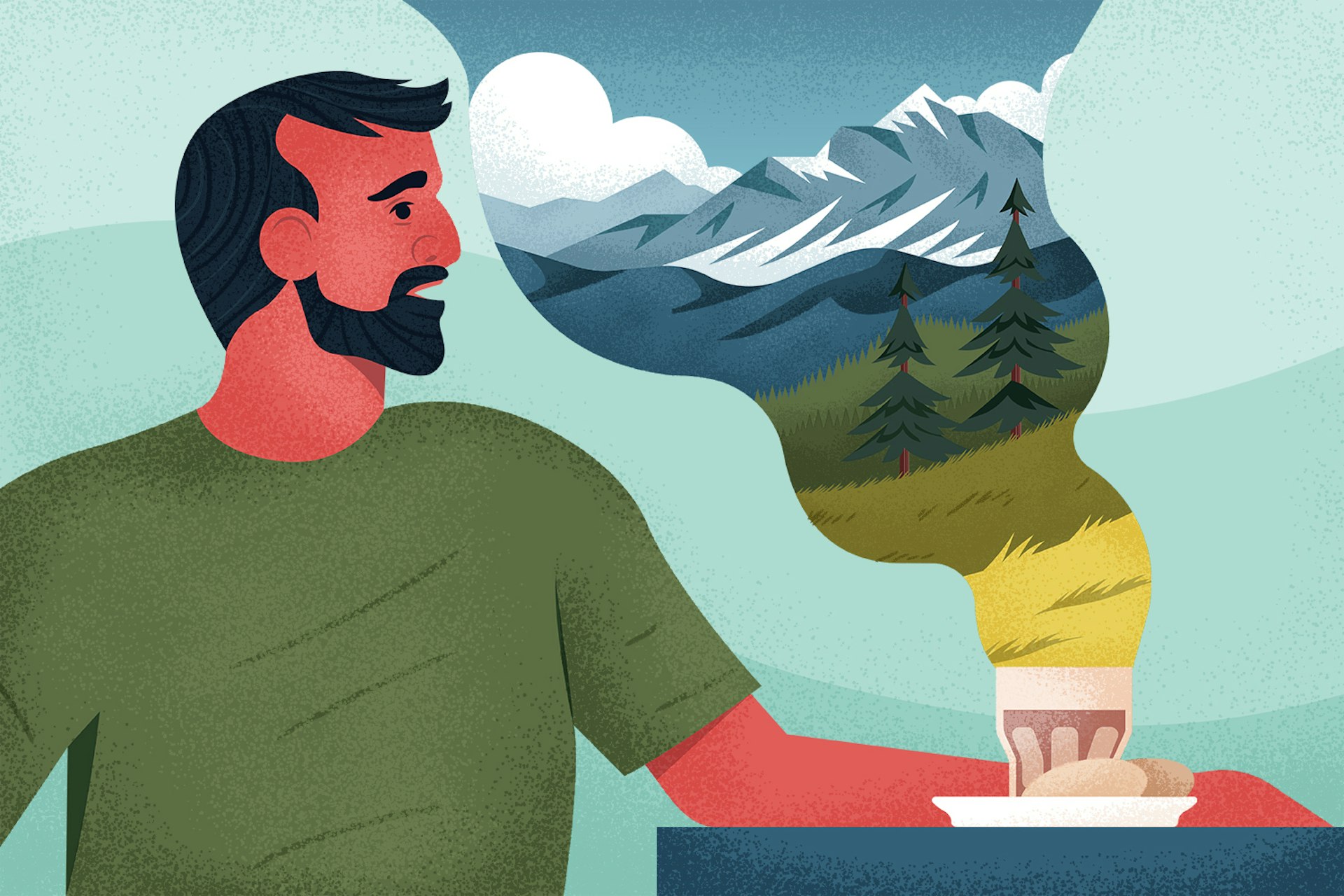 Illustration of a man siting at a table with food and a drink in front of him. The "steam" from the drink reveals a beautiful mountains scene.
