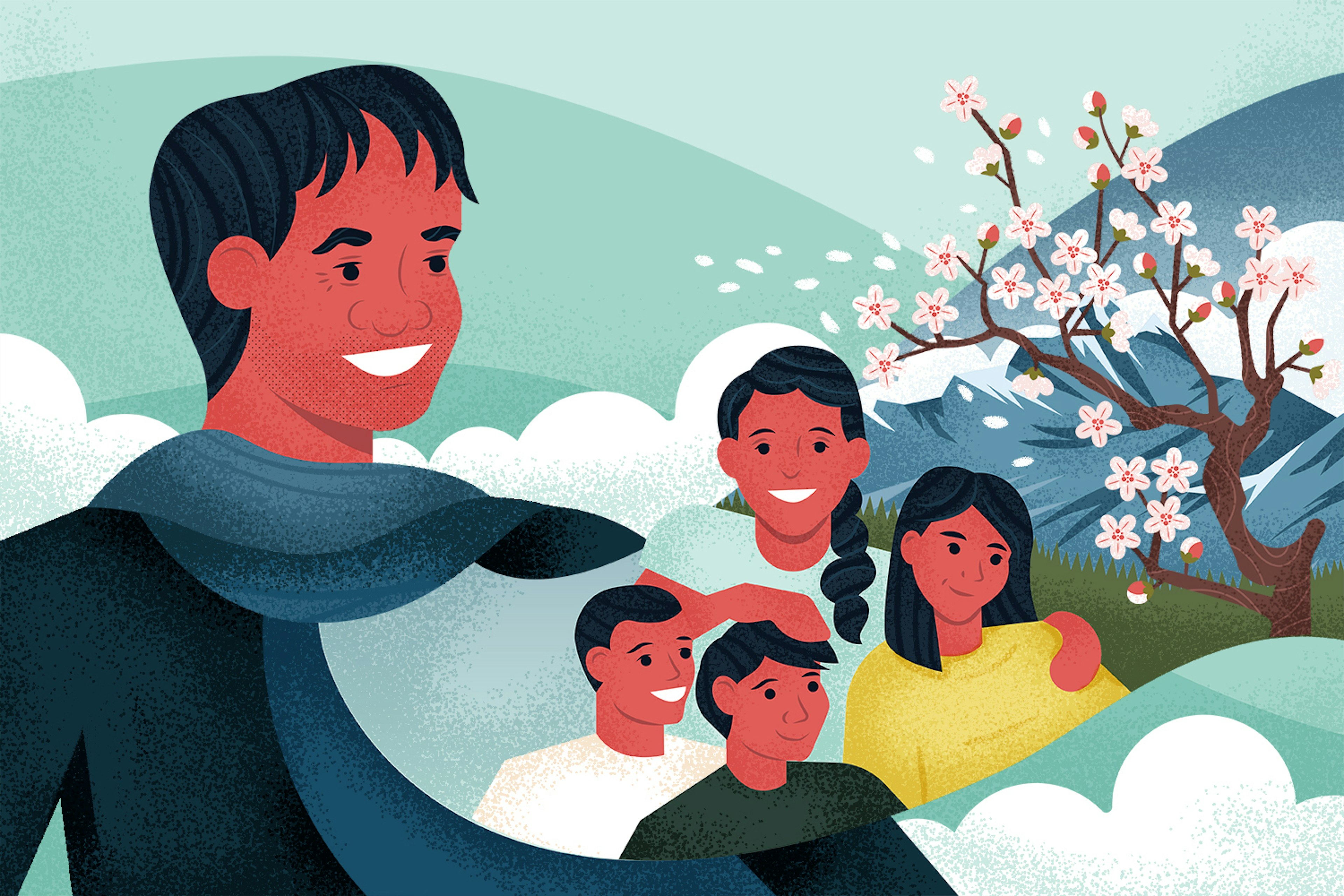 Illustration of a group of friends next to a cherry blossom tree.