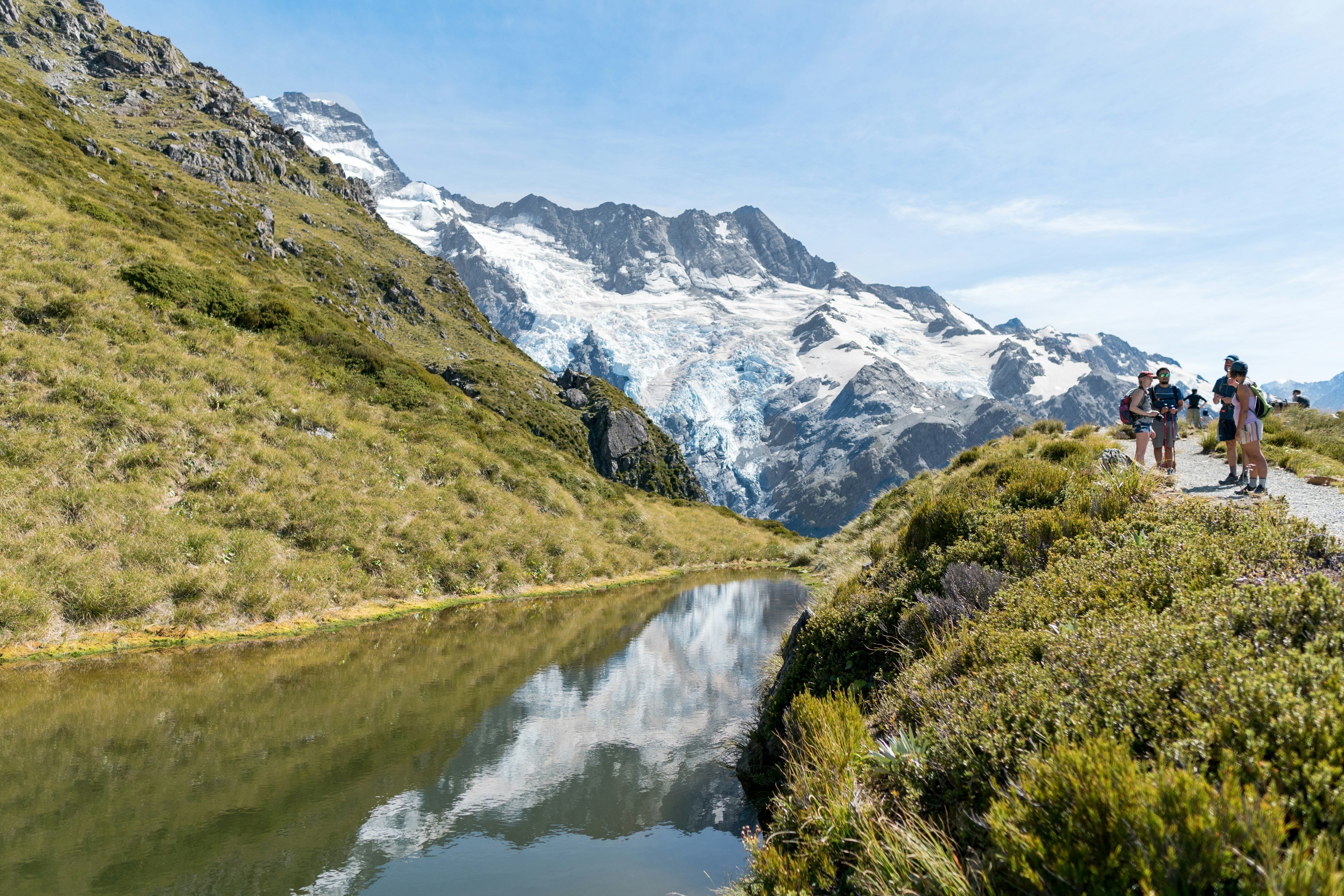 Sealy Tarns Track - beautiful lake with reflection of Mount Cook -New Zealand