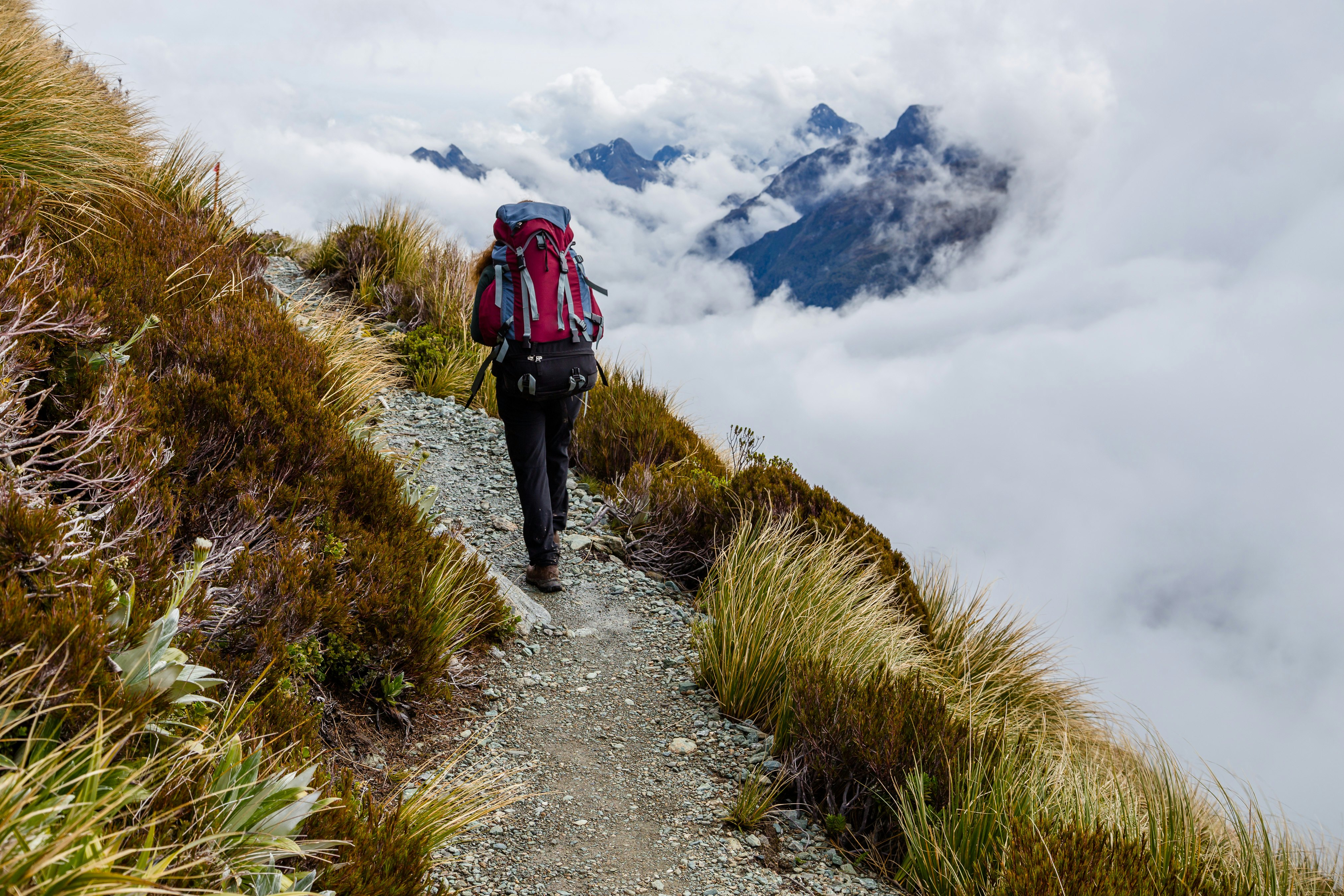 Hiking in South Alps on the Routeburn track, South island of New Zealand with clouds obscuring mountain peaks