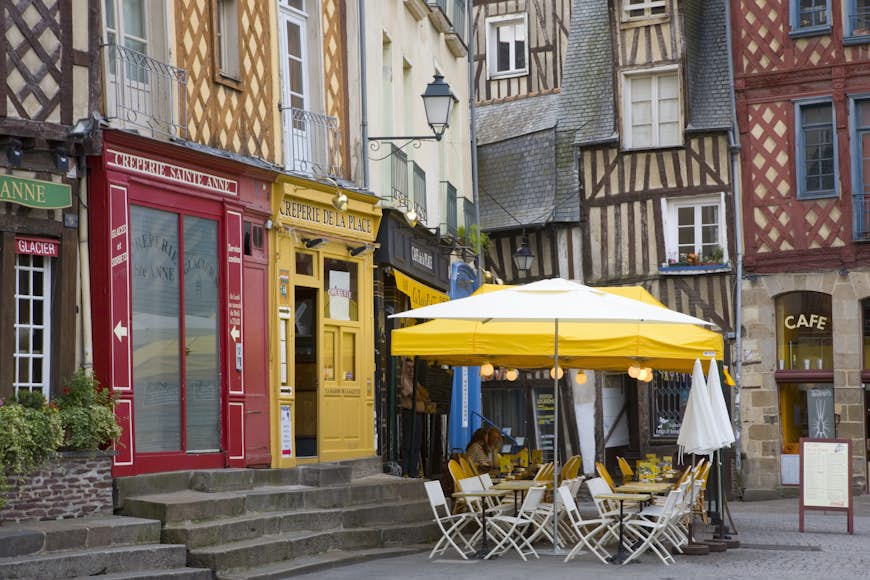 Colourful cafes in corner of Place Sainte-Anne.