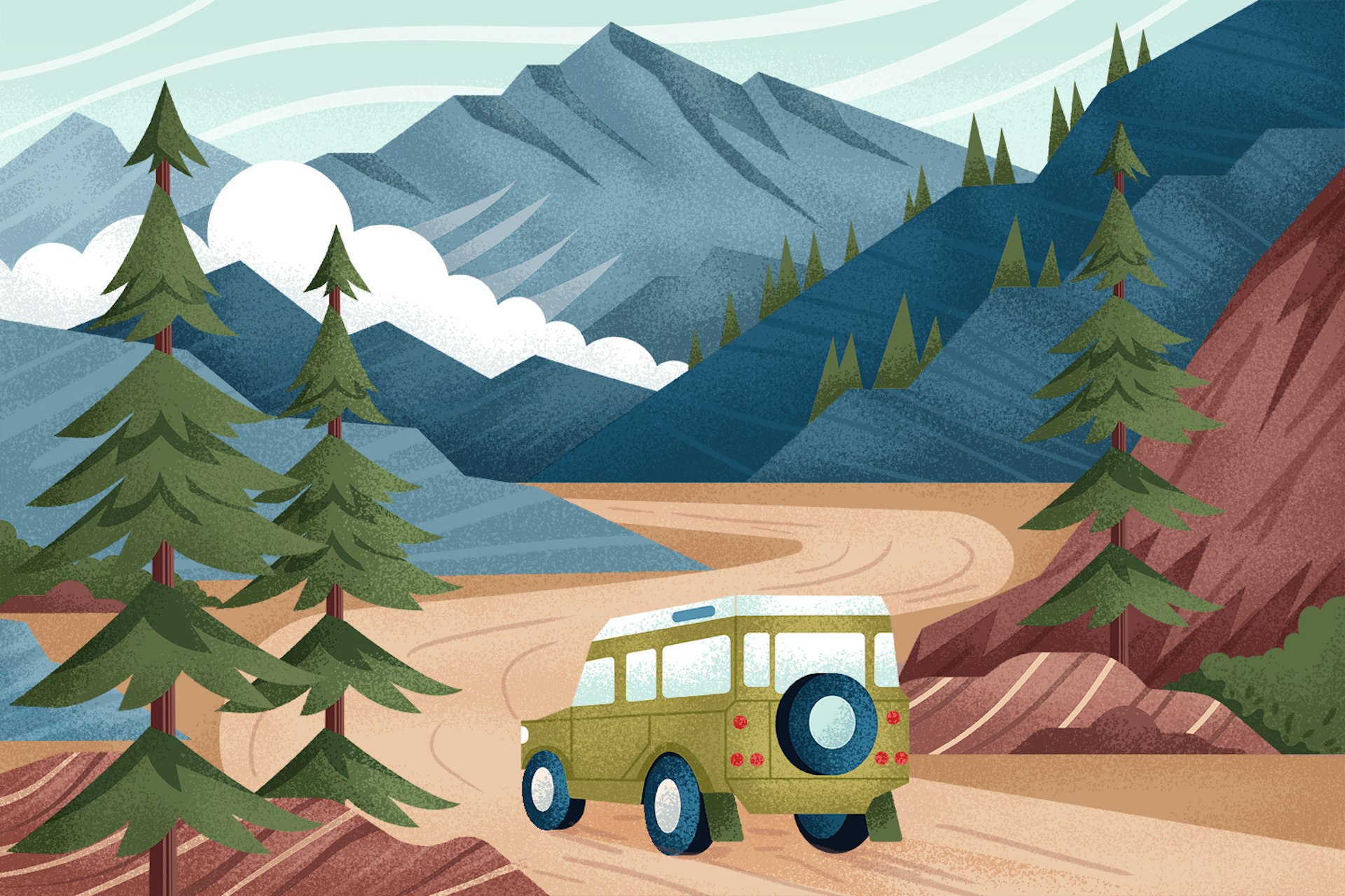 Illustration of a car driving through the mountains of Pakistan.