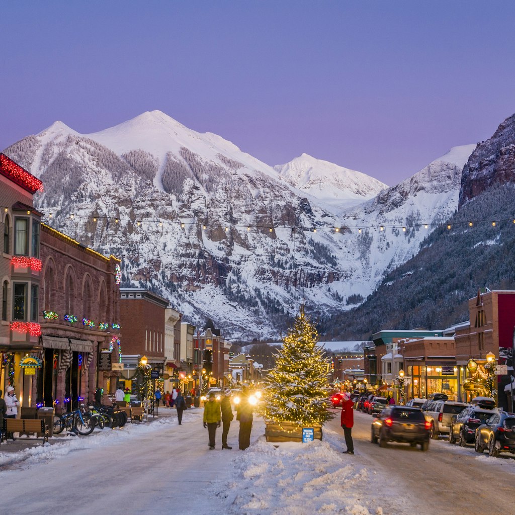 Ajax Peak can be seen in the background. Telluride, in the San Juan Mountains of the Rocky Mountains of southwest Colorado, is an historic mining town now well-known for its festivals, world-class ski resort and as the location of outlaw Butch Cassidy's f