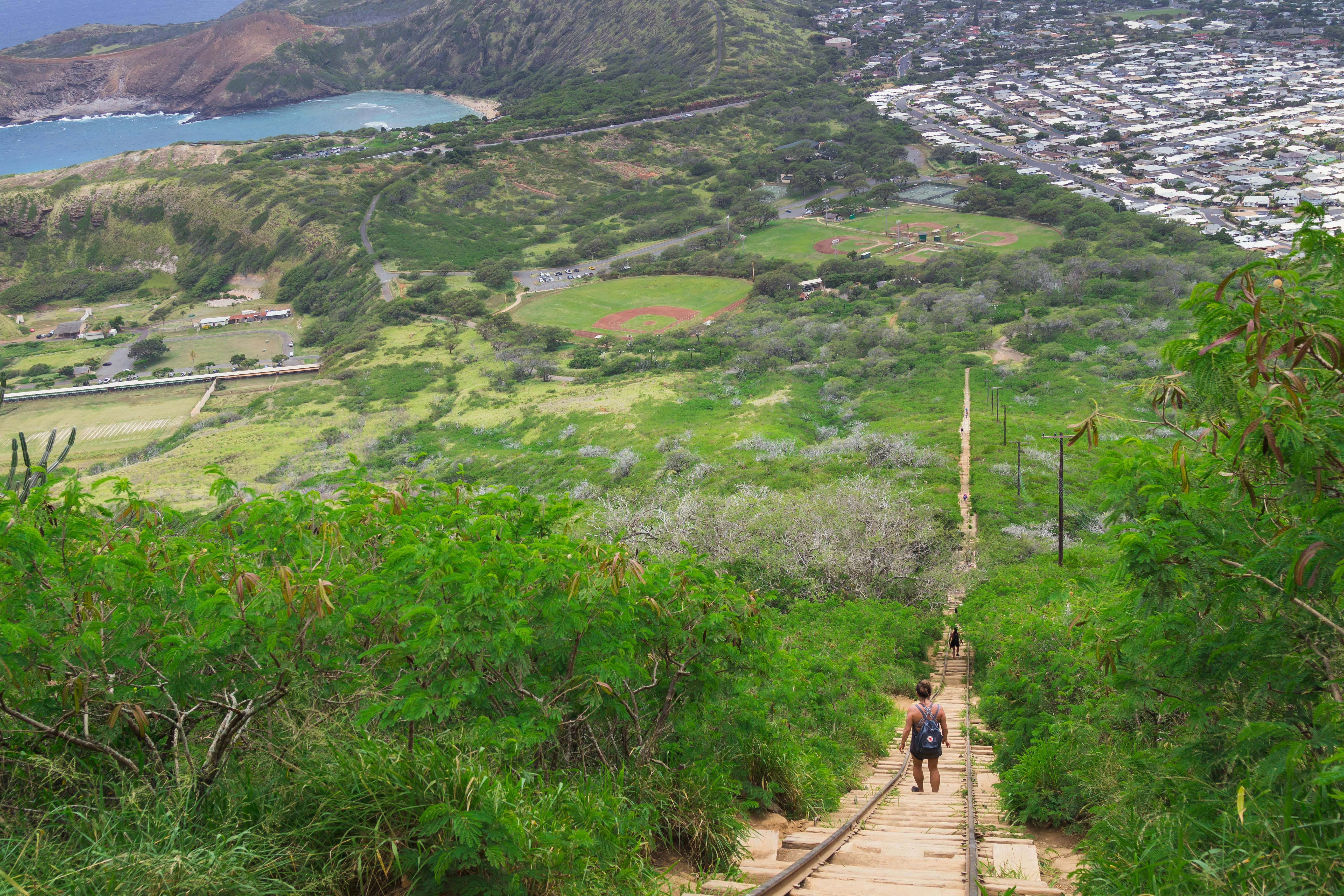 A hiker along the steep Koko Crater Trail, near Honolulu, Oahu, Hawaii, USA