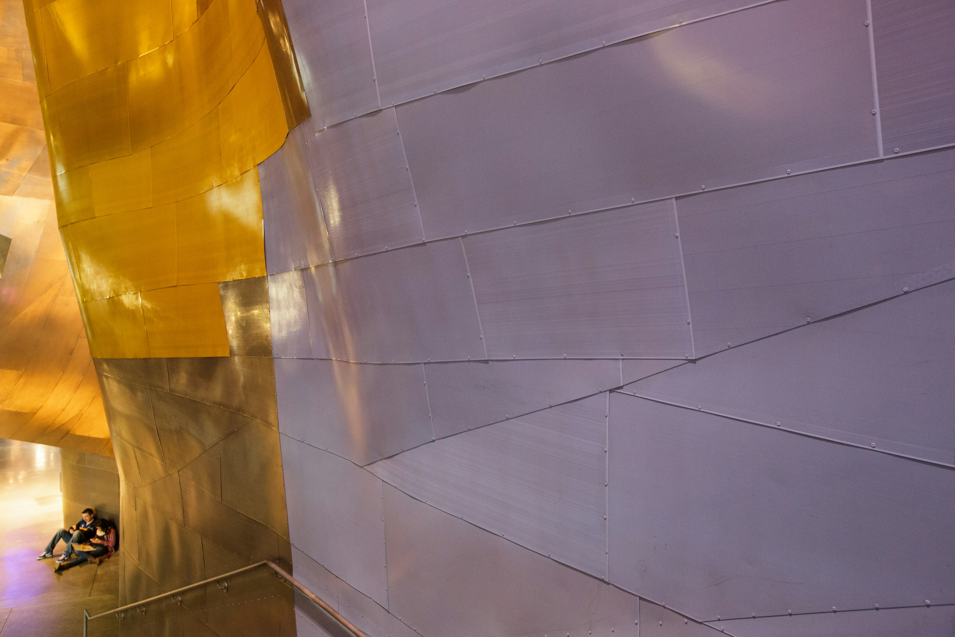 A cavernous, modern architecture hallway at the Museum of Pop Culture in Seattle. The museum, which was founded by Microsoft co-founder Paul Allen and designed by architect Frank Gehry is dedicated to contemporary pop culture and music.