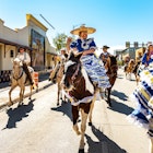 San Antonio, Texas, USA-February 1, 2020. Young Mexican woman riding a horse in Rodeo parade with horses at Historic Market Square in downtown San Antonio. People dressed in traditional wardrobe of old times. Mexican culture, Pioneer explorers culture. Horse riding on downtown city streets.