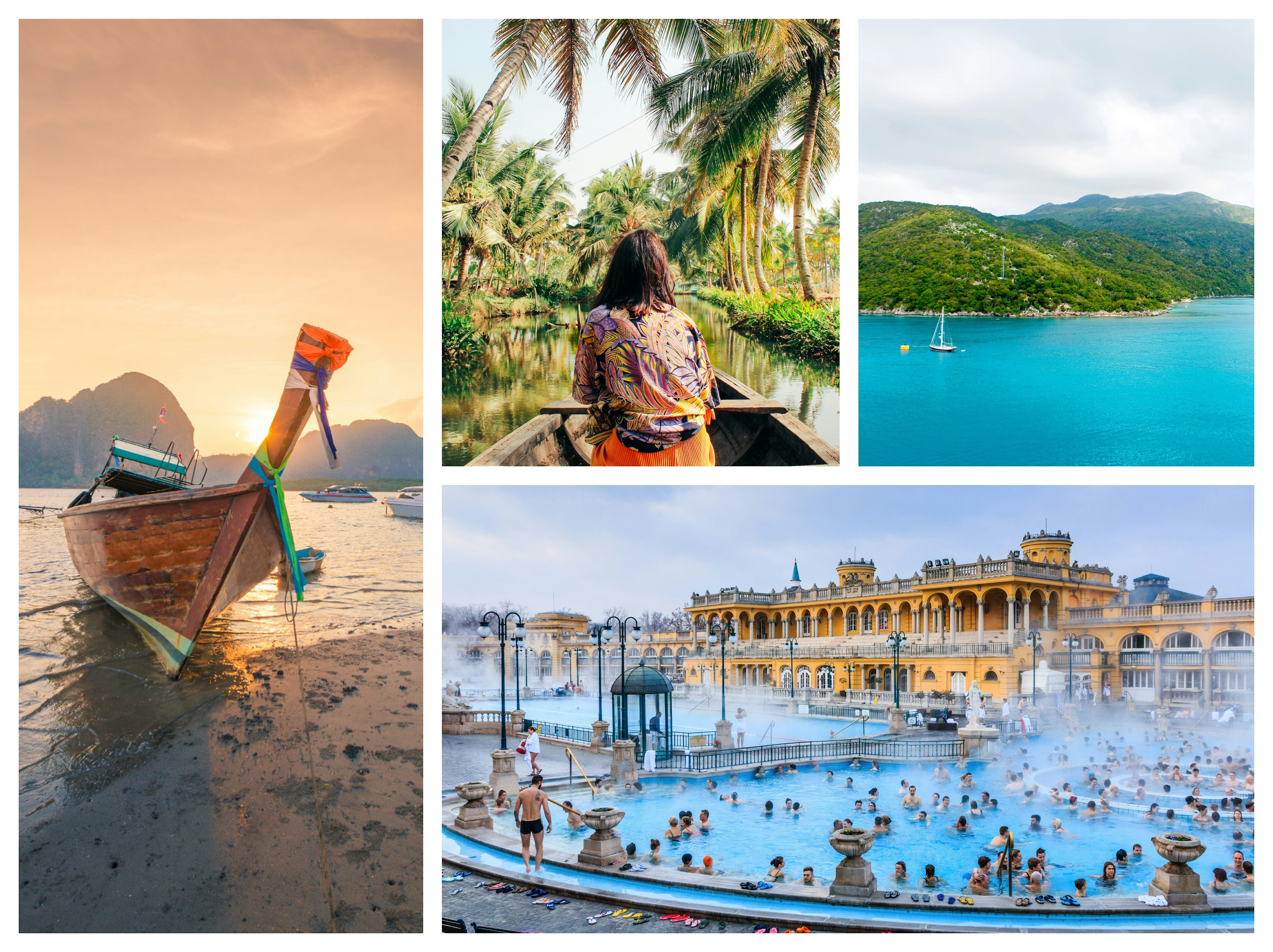 A collage shows a boat in Thailand, a woman on a boat in Kerala, a beach in Anguilla and a thermal bath in Hungary.