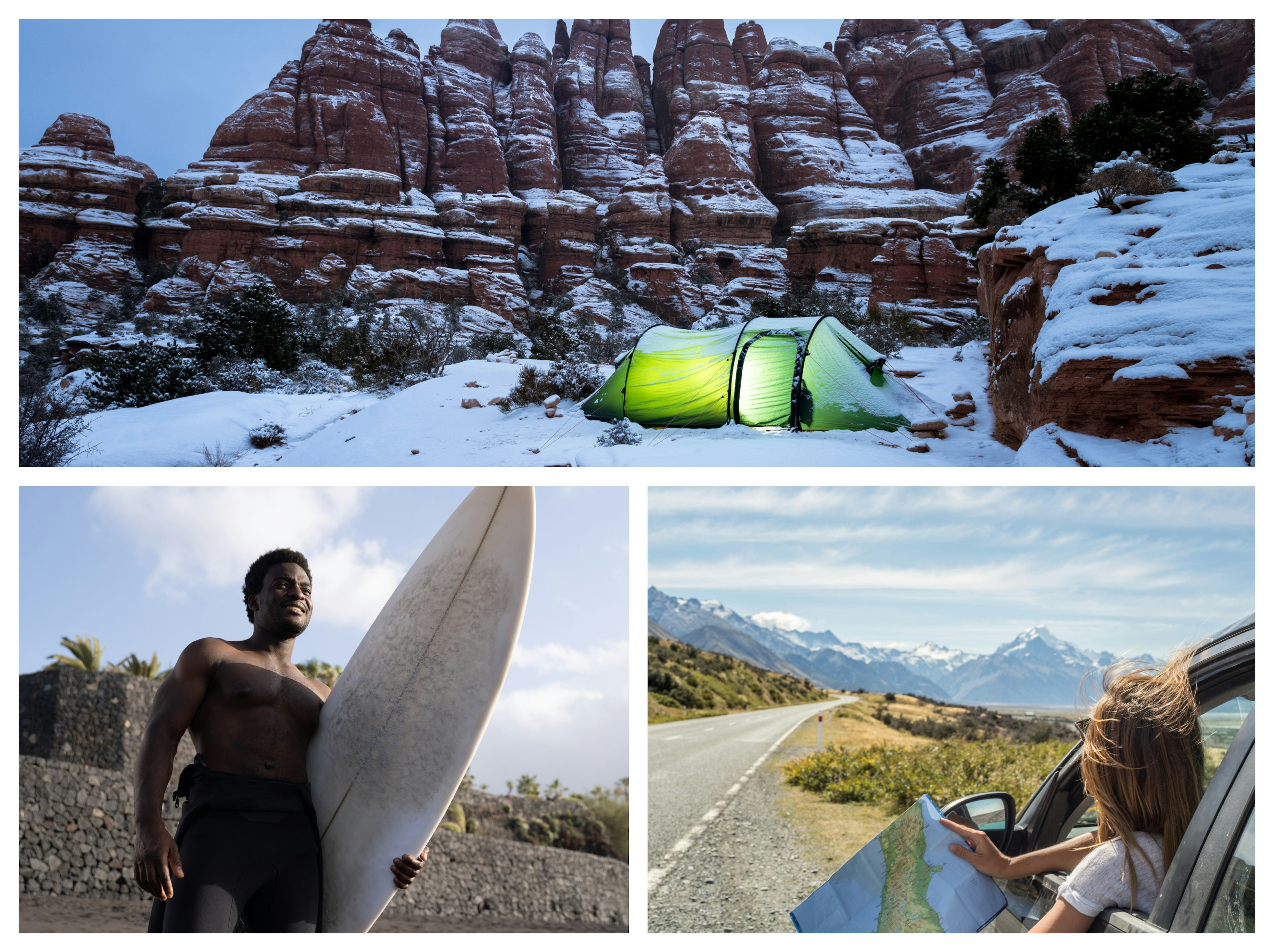 A collage shows a tent in winter, a man surfing and a woman in a car.