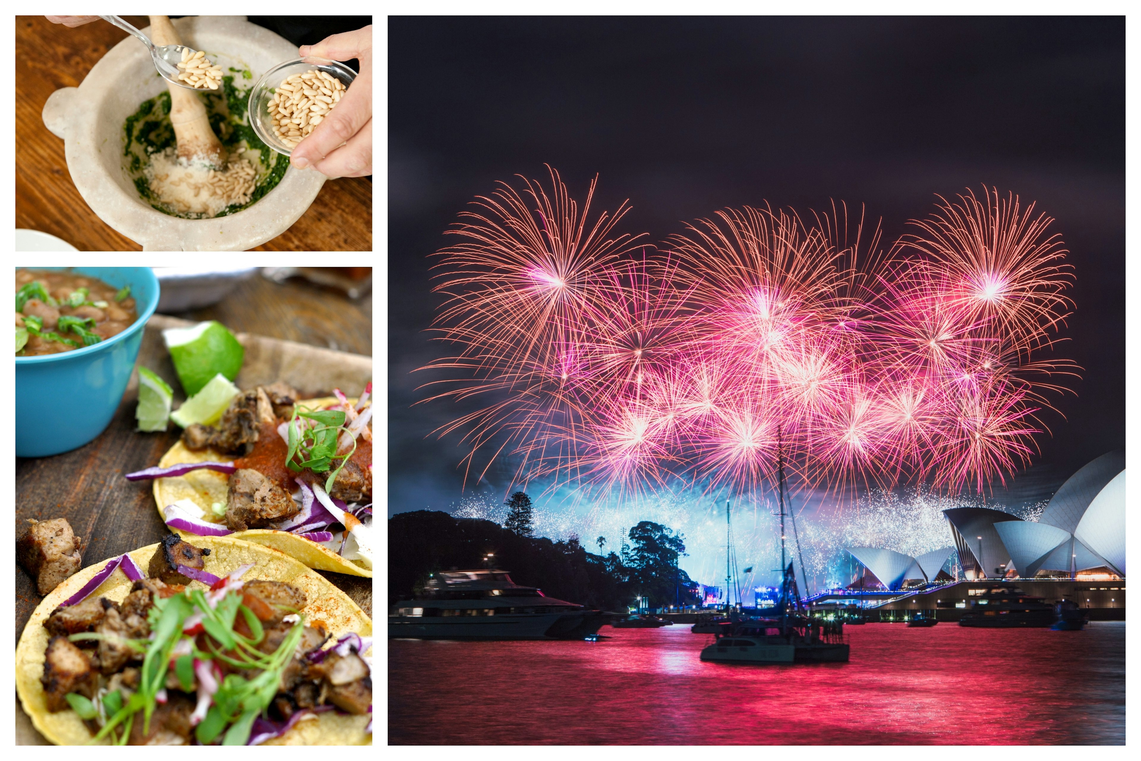 A collage shows Ligurian pesto, tacos in Austin, and fireworks in Sydney.