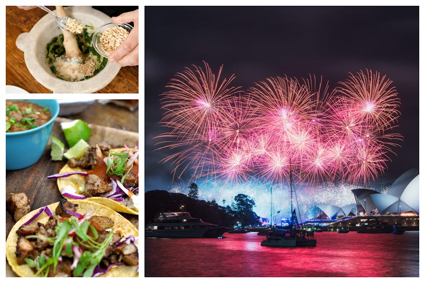 Ett collage visar ligurisk pesto, tacos i Austin och fyrverkerier i Sydney. 