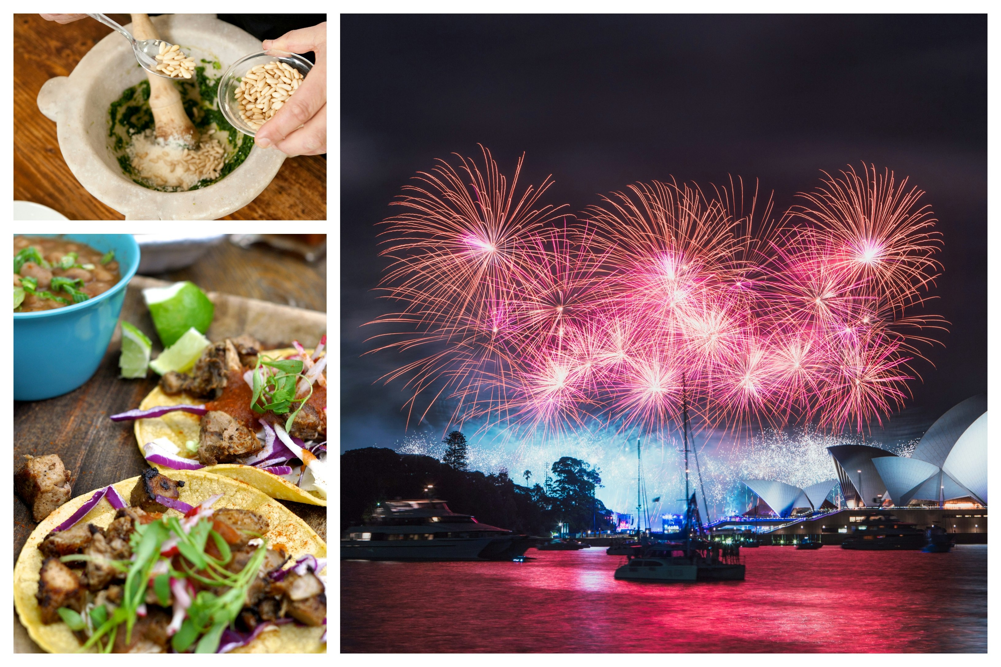 A collage shows Ligurian pesto, tacos in Austin, and fireworks in Sydney. 