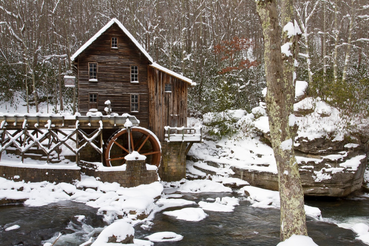 Glade Creek Grist Mill in winter, Babcock State Park, West Virginia; Shutterstock ID 1274616340; your: Ben N Buckner; gl: 65050; netsuite: Online Editorial; full: West Virginia Winter