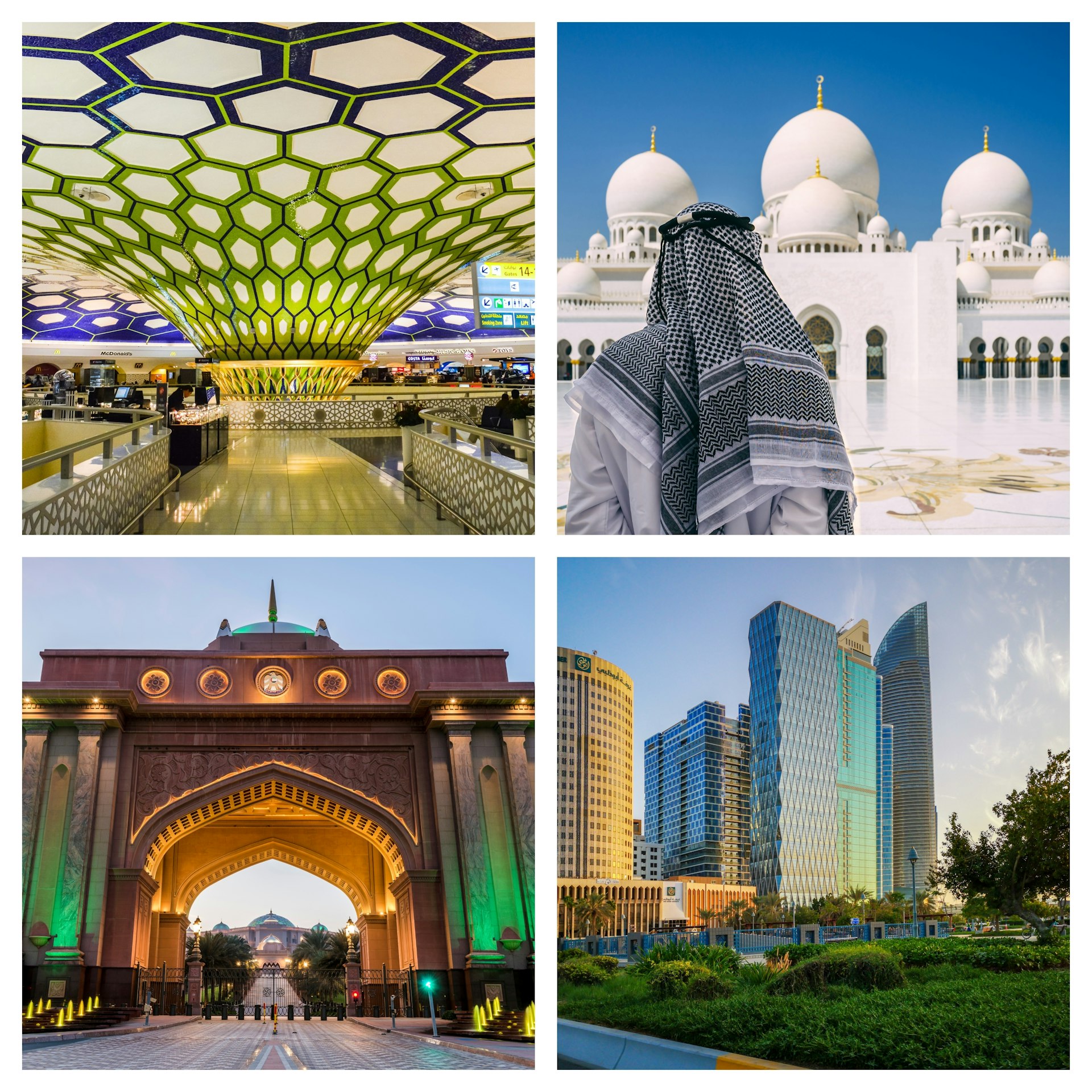 TOP LEFT: Inside the terminal at Abu Dhabi International Airport © Shutterstock; TOP RIGHT: Sheikh Zayed Grand Mosque, Abu Dhabi © Sabino Parente / Getty Images; BOTTOM LEFT: Emirates Palace and Ministry of Presidential Affairs in Abu Dhabi © Getty; BOTTOM RIGHT: City towers in Abu Dhabi © Mohamad Kaddoura / Getty Images